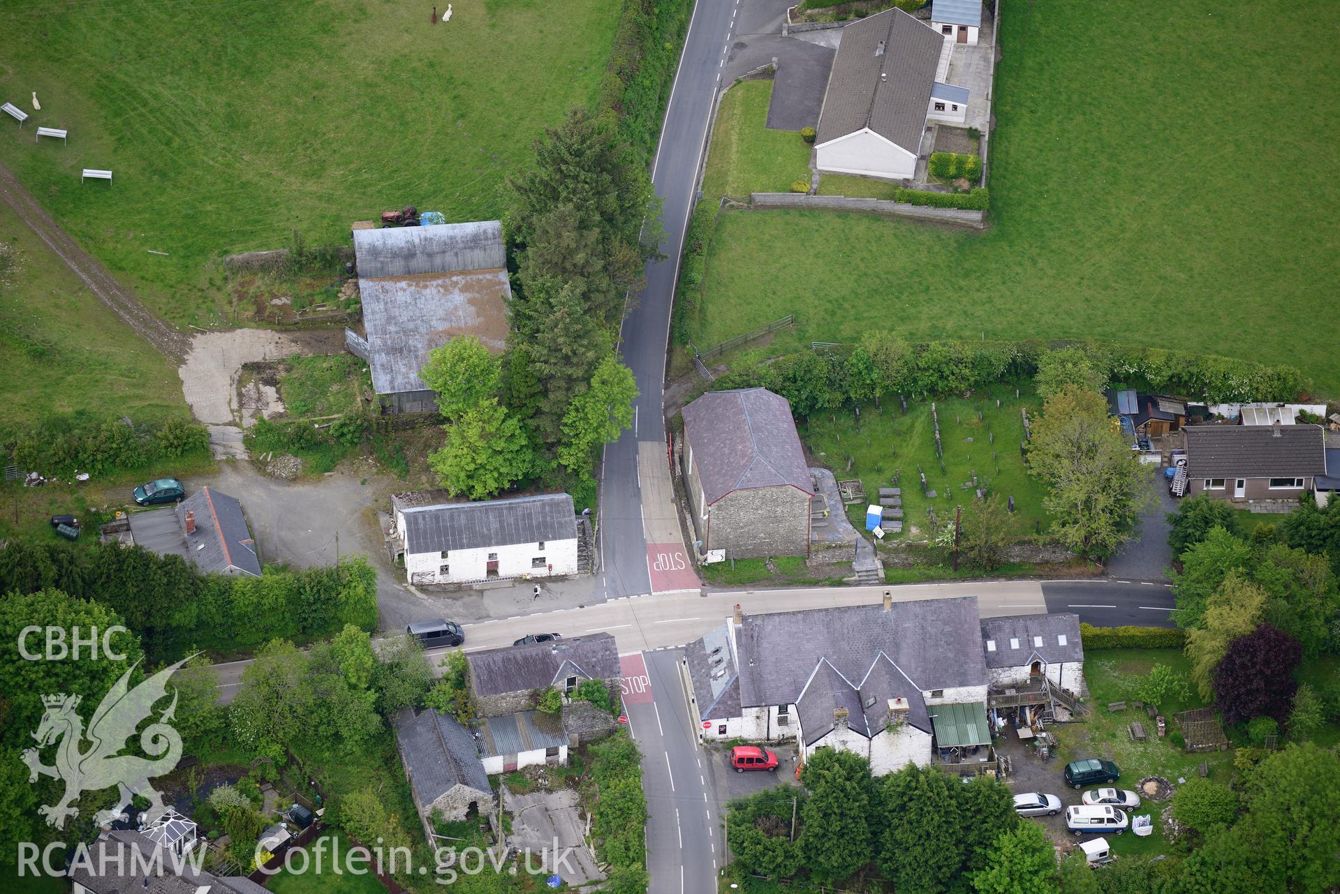 The village of Rhydowen, showing Yr Hen Gapel; Allyrodyn Arms and Alltyrodyn Arms pigsty and stable. Oblique aerial photograph taken during the Royal Commission's programme of archaeological aerial reconnaissance by Toby Driver on 3rd June 2015.