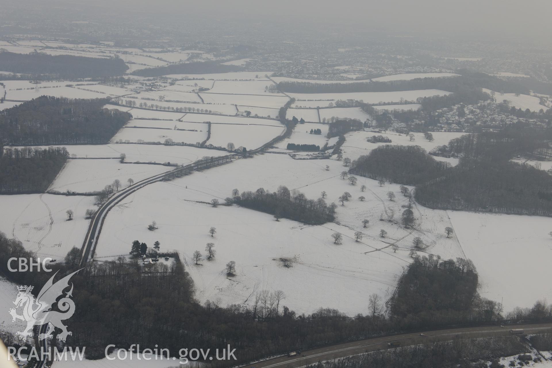 Site of the battle of St. Fagans and Tregochas earthworks of field system. Oblique aerial photograph taken during the Royal Commission?s programme of archaeological aerial reconnaissance by Toby Driver on 24th January 2013.