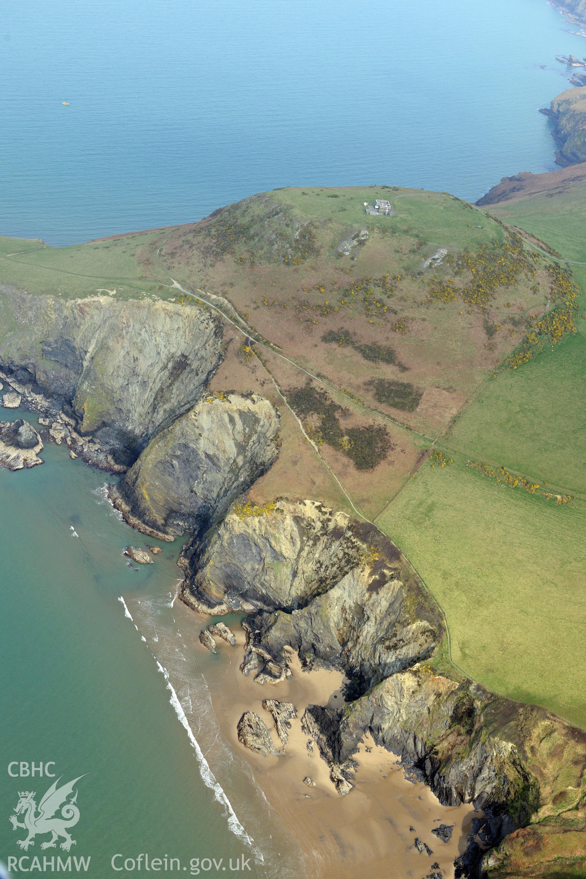 Aerial photography of Pen Dinas Lochtyn taken on 27th March 2017. Baseline aerial reconnaissance survey for the CHERISH Project. ? Crown: CHERISH PROJECT 2019. Produced with EU funds through the Ireland Wales Co-operation Programme 2014-2020. All material made freely available through the Open Government Licence.