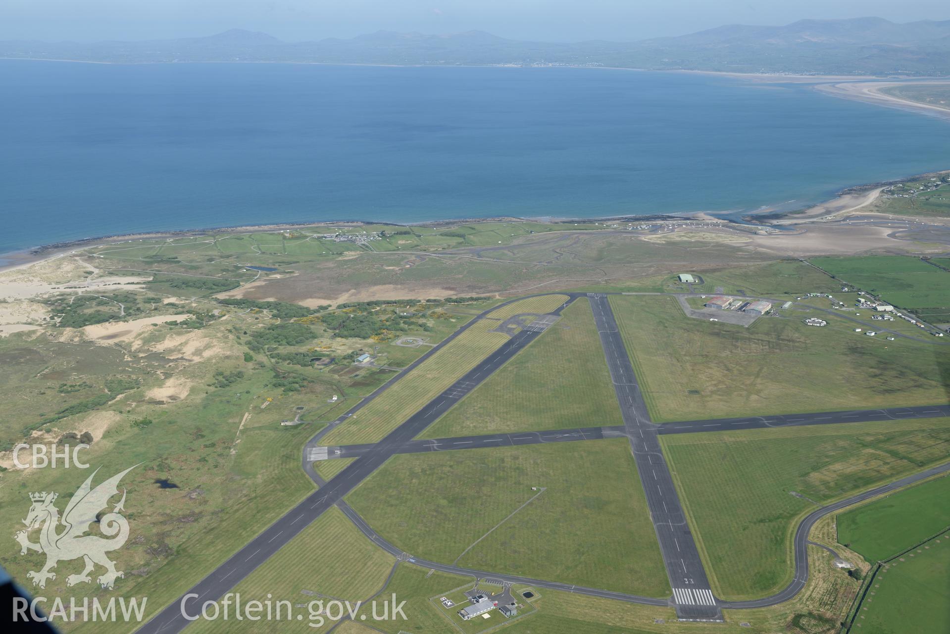 Aerial photography of Llanbedr Airfield taken on 3rd May 2017.  Baseline aerial reconnaissance survey for the CHERISH Project. ? Crown: CHERISH PROJECT 2017. Produced with EU funds through the Ireland Wales Co-operation Programme 2014-2020. All material made freely available through the Open Government Licence.