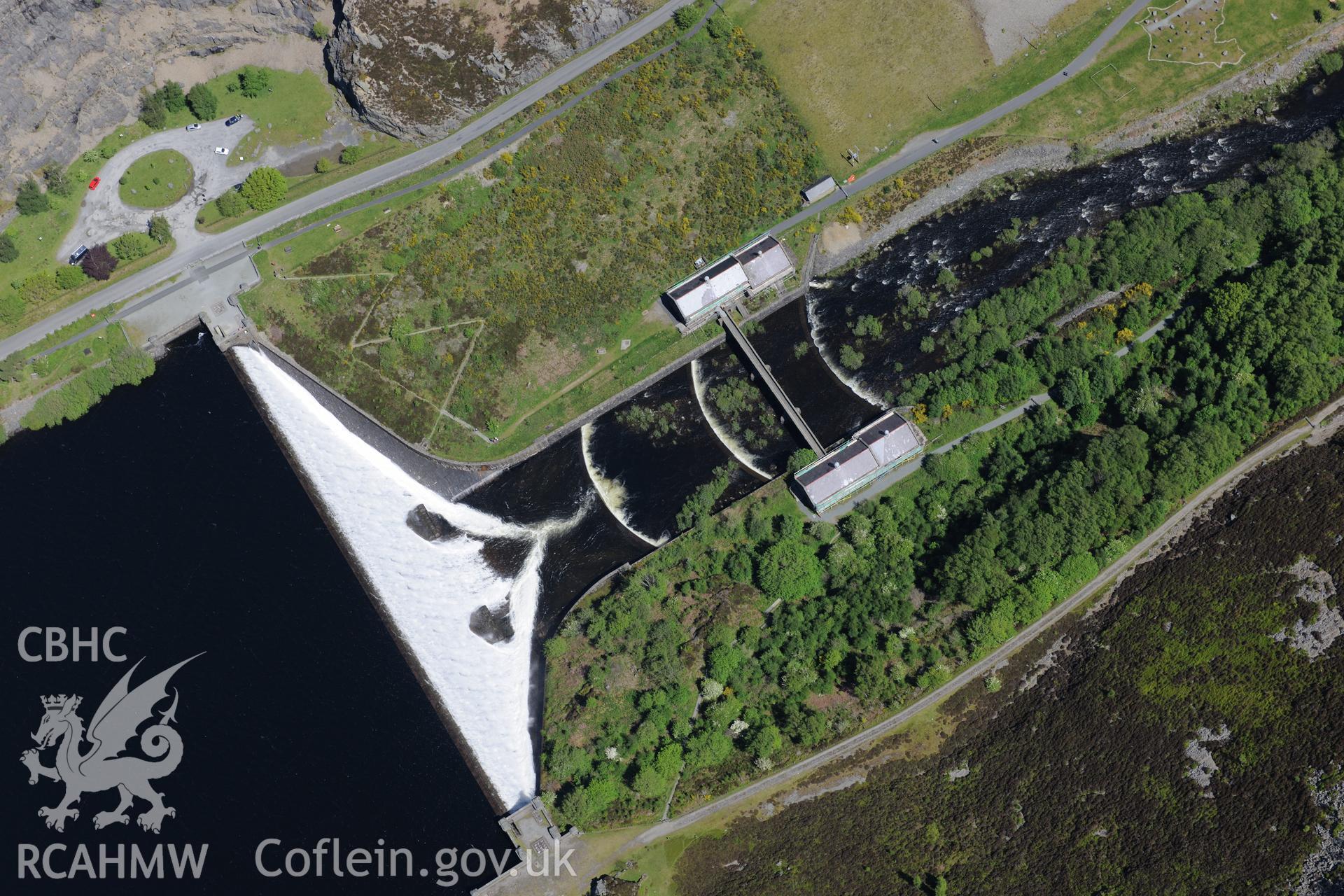 Caban Coch reservoir; dam and hydro electric station, Elan Valley Water Scheme. Oblique aerial photograph taken during the Royal Commission's programme of archaeological aerial reconnaissance by Toby Driver on 3rd June 2015.