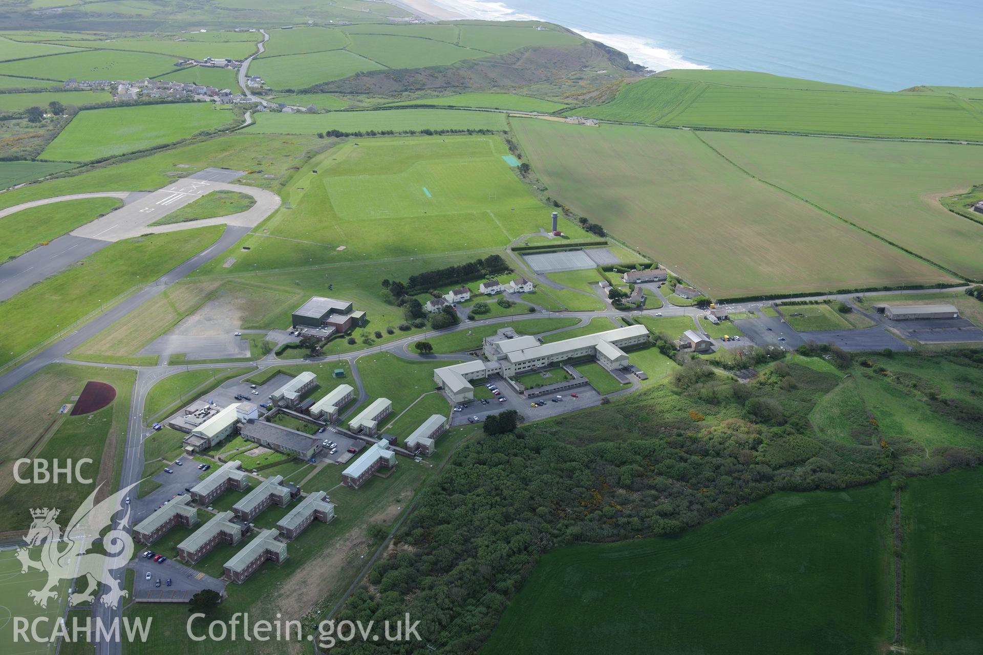 Royal Naval Air Station, Brawdy Airfield. Oblique aerial photograph taken during the Royal Commission's programme of archaeological aerial reconnaissance by Toby Driver on 13th May 2015.