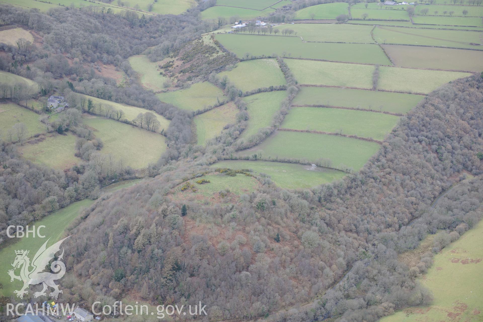 Dinas Cerdin hillfort, near Ffostrasol, Cardigan. Oblique aerial photograph taken during the Royal Commission's programme of archaeological aerial reconnaissance by Toby Driver on 13th March 2015.