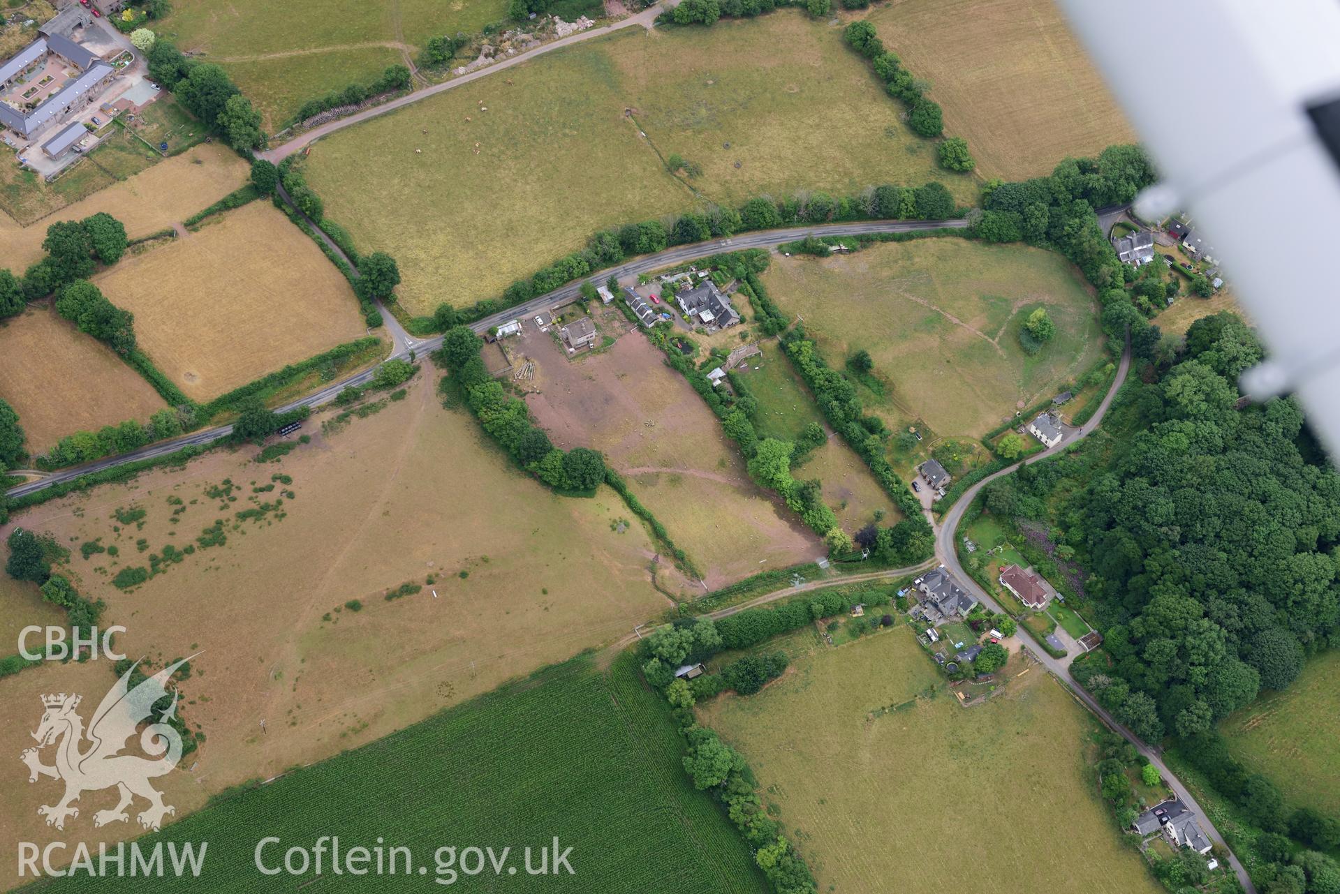 Royal Commission aerial photography of Blaenllynfi Castle taken on 19th July 2018 during the 2018 drought.