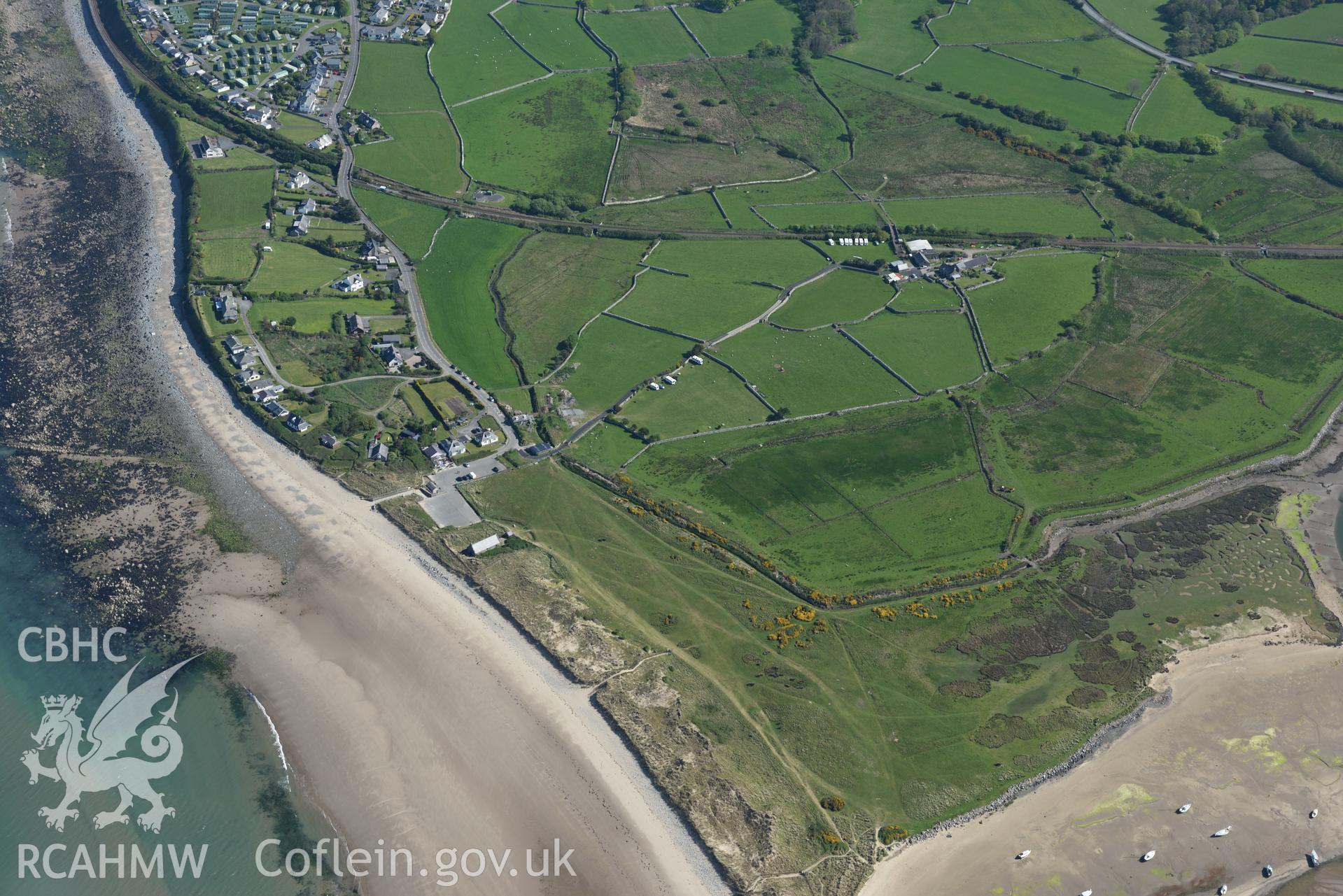 Aerial photography of St Tanwg's Church taken on 3rd May 2017.  Baseline aerial reconnaissance survey for the CHERISH Project. ? Crown: CHERISH PROJECT 2017. Produced with EU funds through the Ireland Wales Co-operation Programme 2014-2020. All material