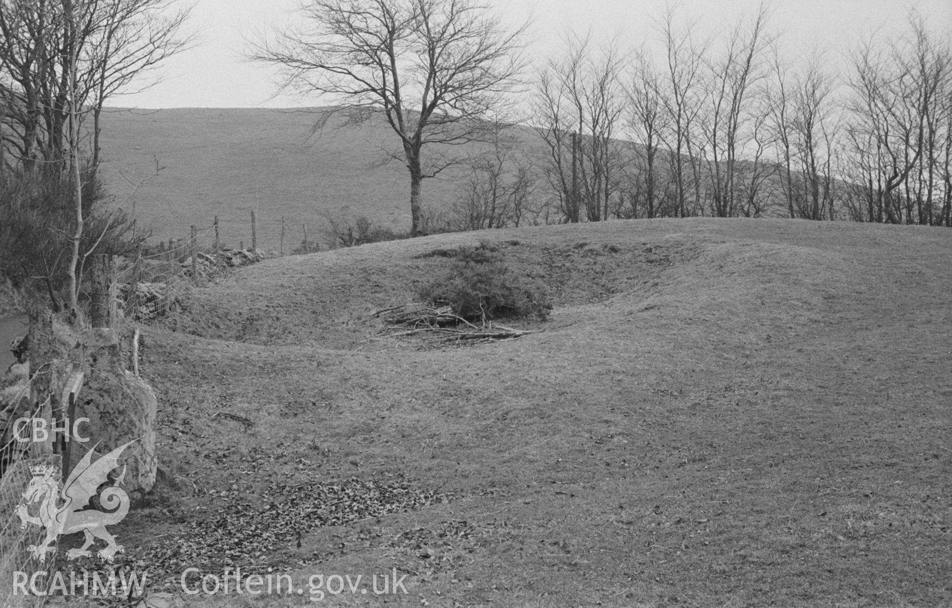 Digital copy of a black and white negative showing field mound near Pantynos farm. Photographed in April 1963 by Arthur O. Chater.