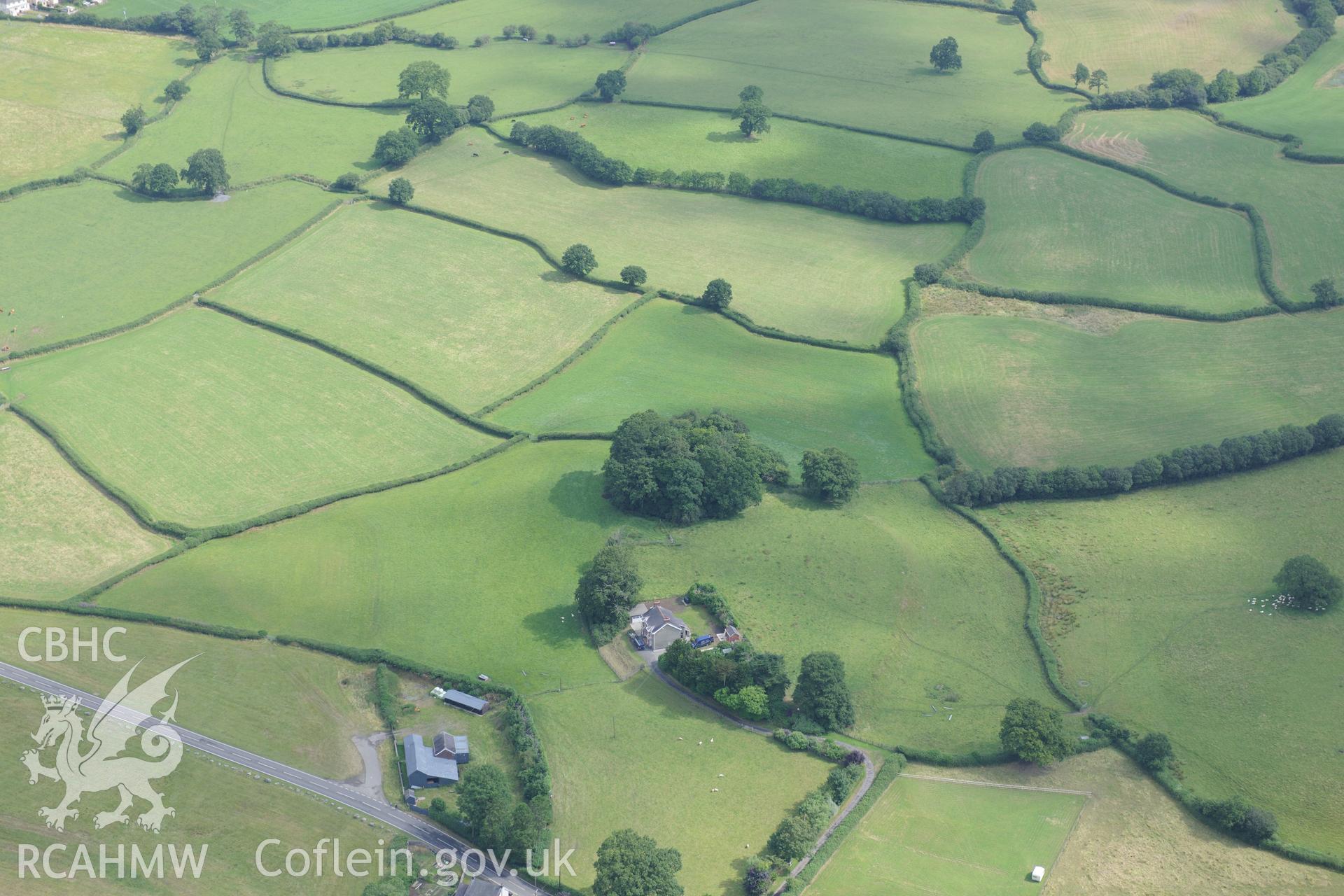 Castell Meurig (Castell Llangadog), south of Llangadog, between Llandovery and Llandeilo. Oblique aerial photograph taken during the Royal Commission?s programme of archaeological aerial reconnaissance by Toby Driver on 1st August 2013.