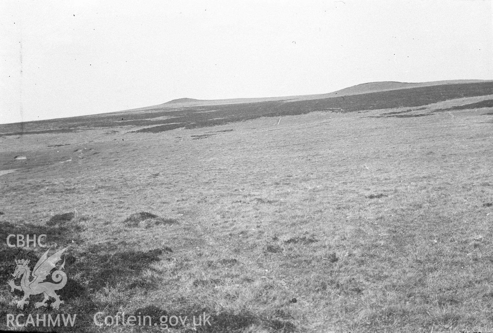 Digital copy of a nitrate negative showing Aberedw Hill Tumuli. From Cadw Monuments in Care Collection.