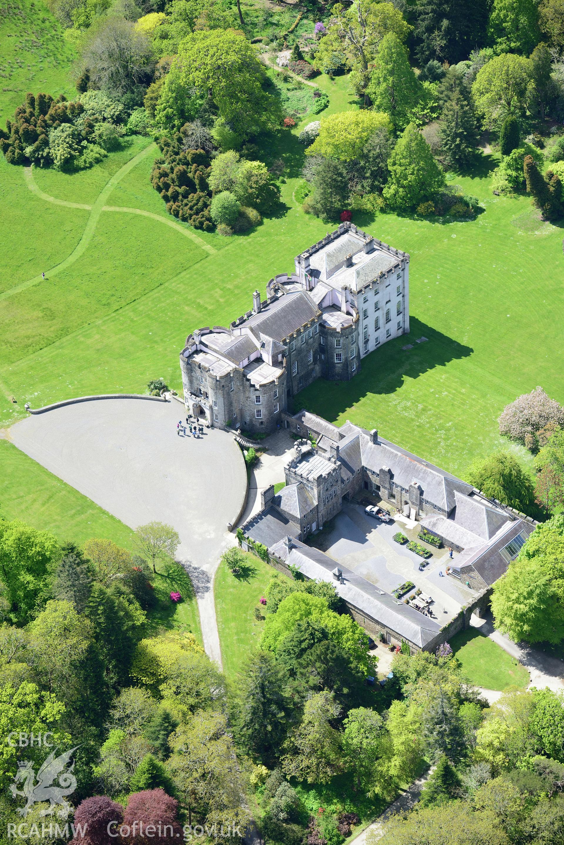 Picton Castle and gardens, Slebech. Oblique aerial photograph taken during the Royal Commission's programme of archaeological aerial reconnaissance by Toby Driver on 13th May 2015.