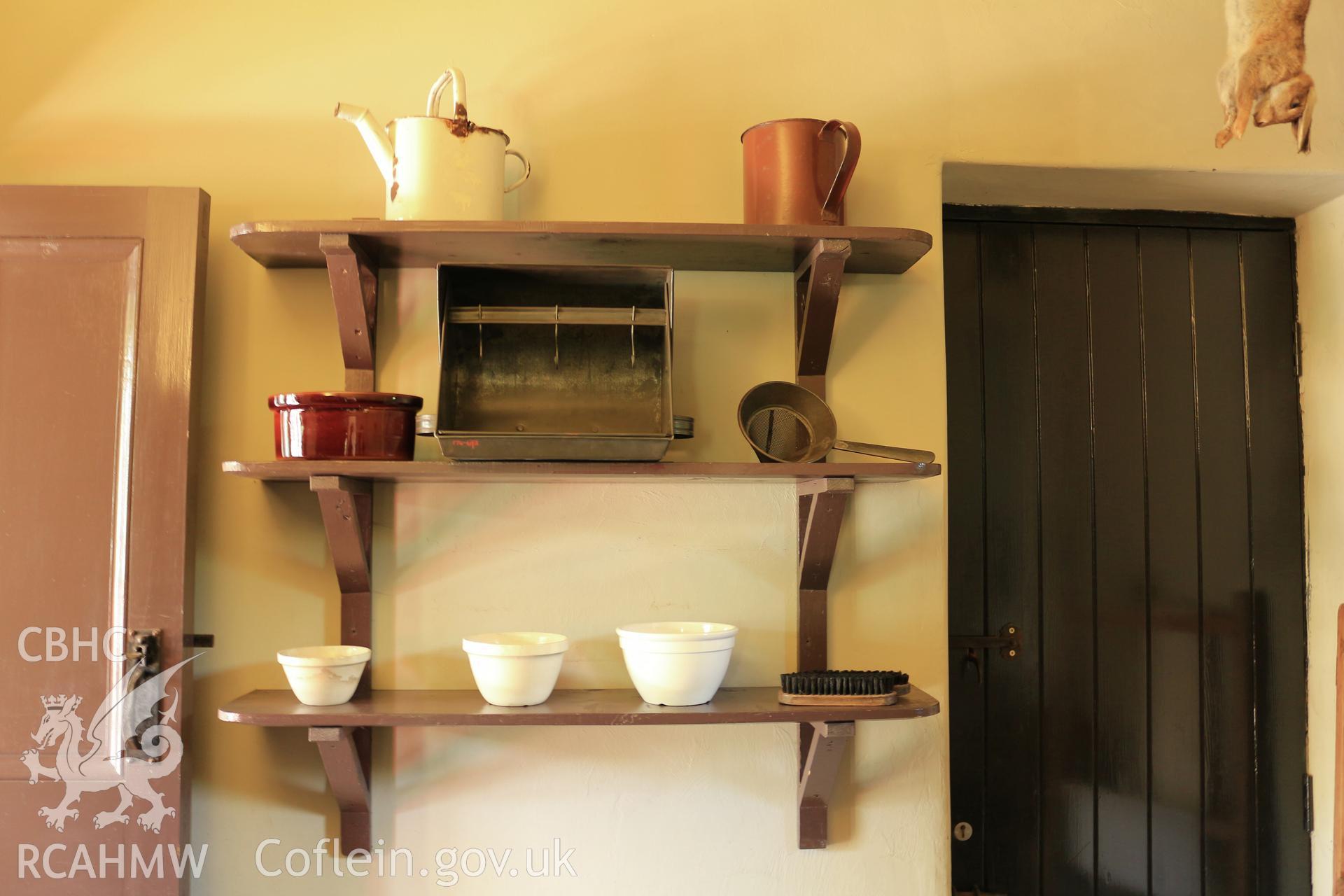 Investigator photographs of Conwy Suspension Bridge Keepers cottage. Interior: kitchen shelf.