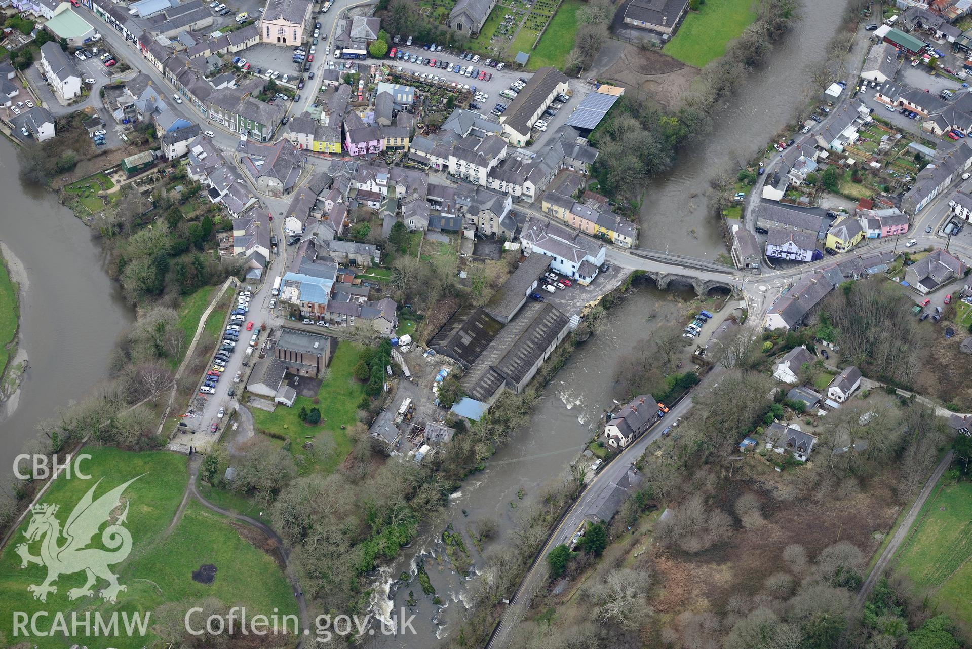 Newcastle Emlyn bridge, Newcastle Emlyn. Oblique aerial photograph taken during the Royal Commission's programme of archaeological aerial reconnaissance by Toby Driver on 13th March 2015.