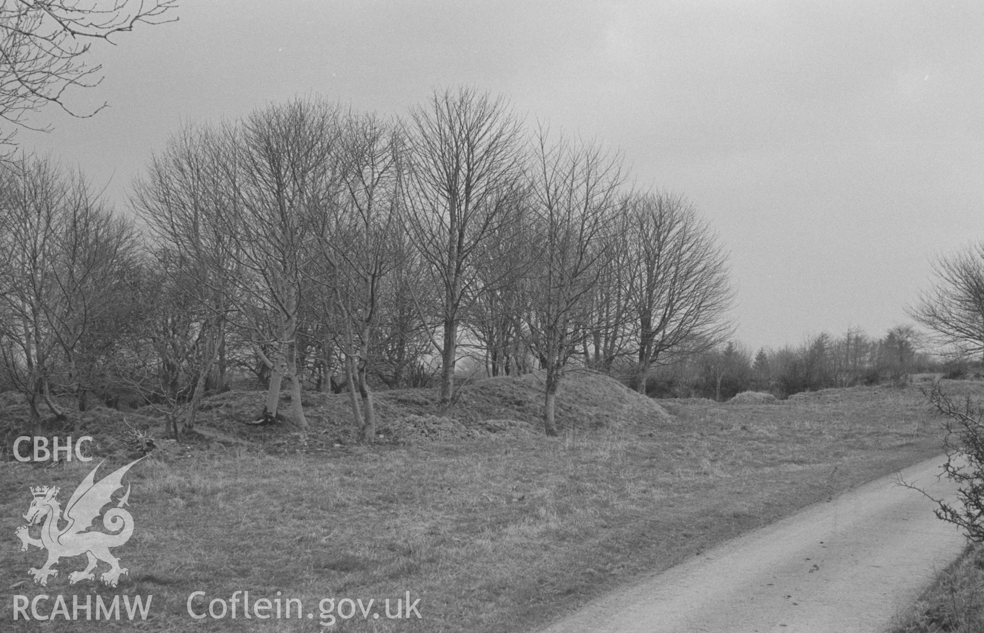 Digital copy of a black and white negative showing Gaer Fach Iron Age homestead, 1km east north east of Cribyn, ringwork is 110 X 75ft. Photographed in April 1964 by Arthur O. Chater from Grid Reference SN 5313 5143, looking north. Panorama 2 of 2.