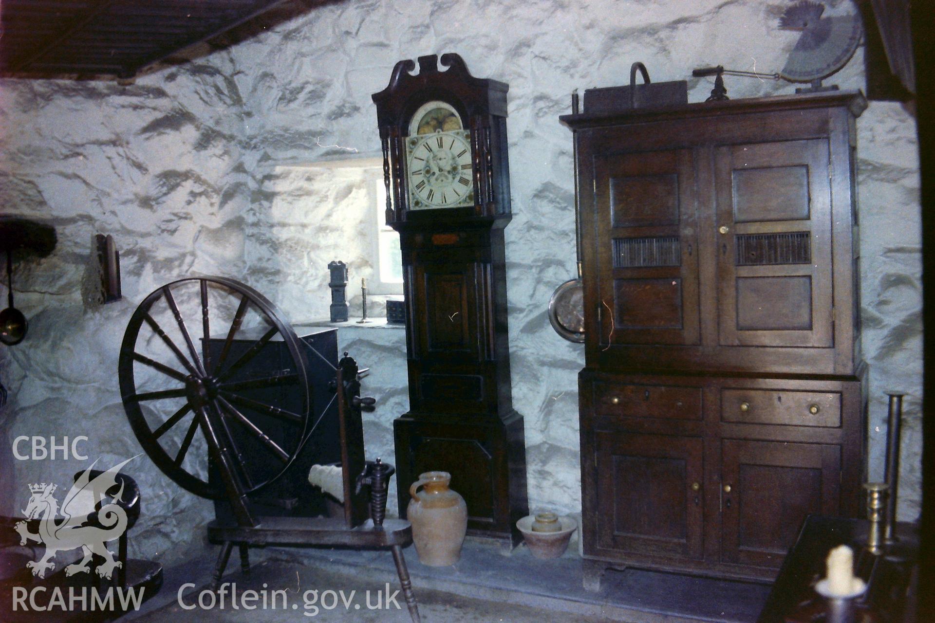 Colour photograph showing whitewashed interior of Llainfadyn Cottage. Taken 'by kind permission of the museum' by Martin Davis for Bachelor of Architecture dissertation: 'The Form & Architecture of 19th Century Industrial Settlements in Rural Wales,' 1979.