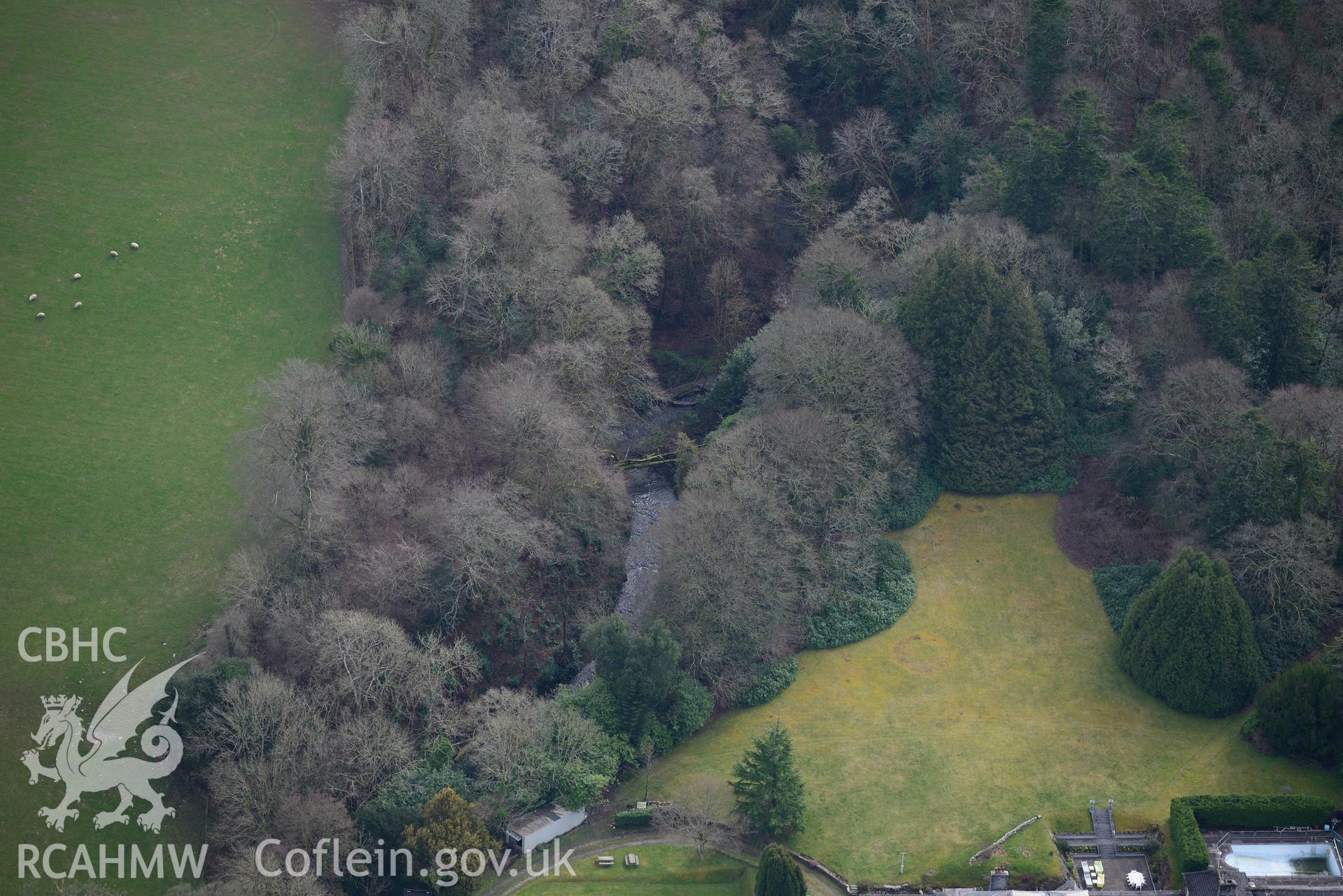 Castell Malgwyn  garden, Llechryd, near Cardigan. Oblique aerial photograph taken during the Royal Commission's programme of archaeological aerial reconnaissance by Toby Driver on 13th March 2015.