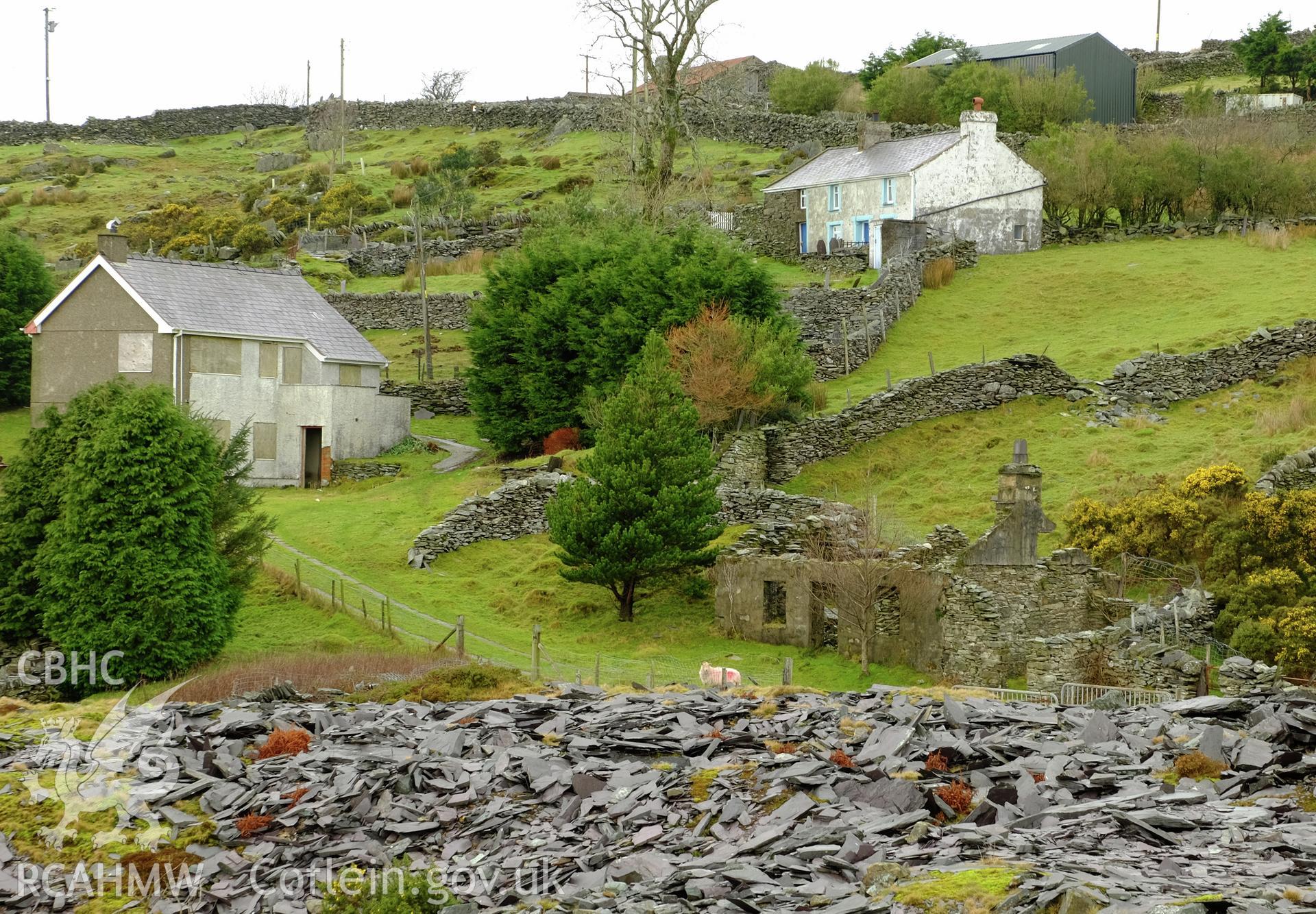 Colour photograph showing view looking north west at cottages including Cil Llidiart (upper right) in Cilgwyn, produced by Richard Hayman 21st February 2017