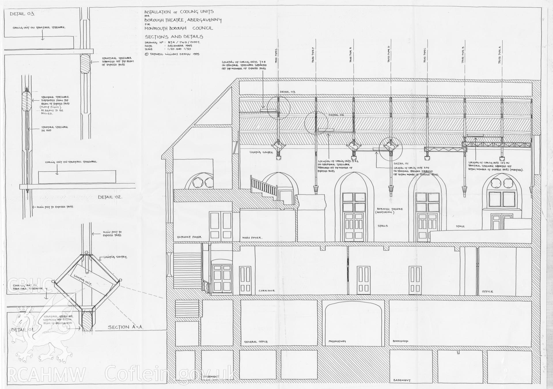 Digitised copy of Architects drawing entitled "Installation of cooling units for Borough Theatre, Abergavenny for Monmouth Borough Council, Sections and Details". produced by Tatchell Williams Design, December 1995.