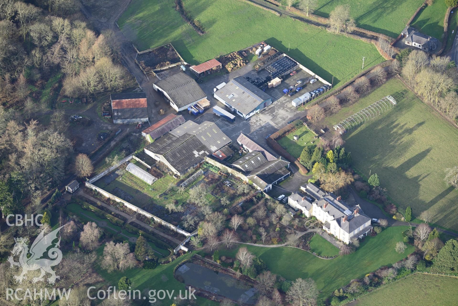 Llanllyr Country House and Gardens. Oblique aerial photograph taken during the Royal Commission's programme of archaeological aerial reconnaissance by Toby Driver on 6th January 2015.