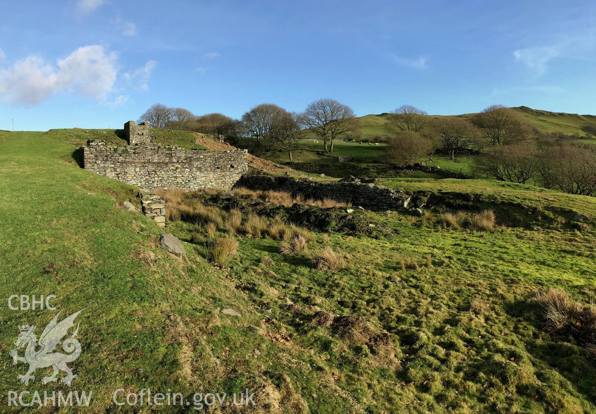 View from the south of derelict building at Cwm Mawr mine, north of Pontrhydfendigaid. Colour photograph taken by Paul R. Davis on 17th January 2019.