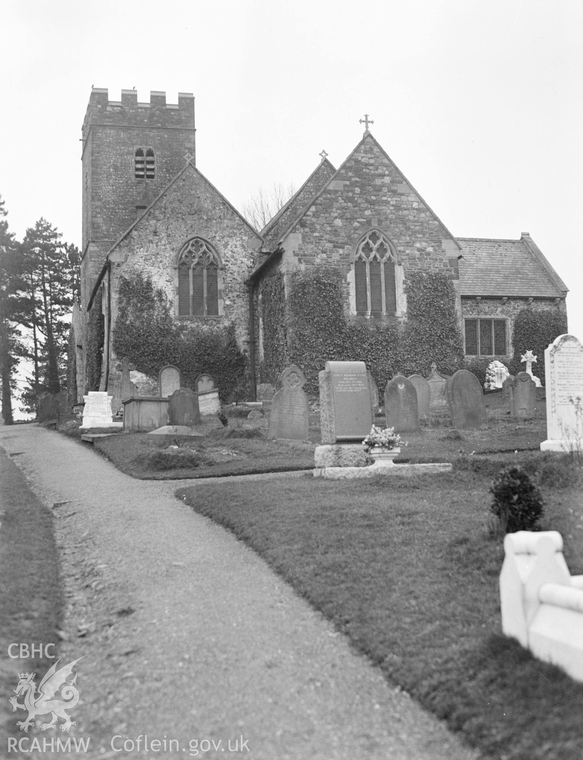 Digital copy of a nitrate negative showing exterior view of St Mellon's Church. From the National Building Record Postcard Collection.