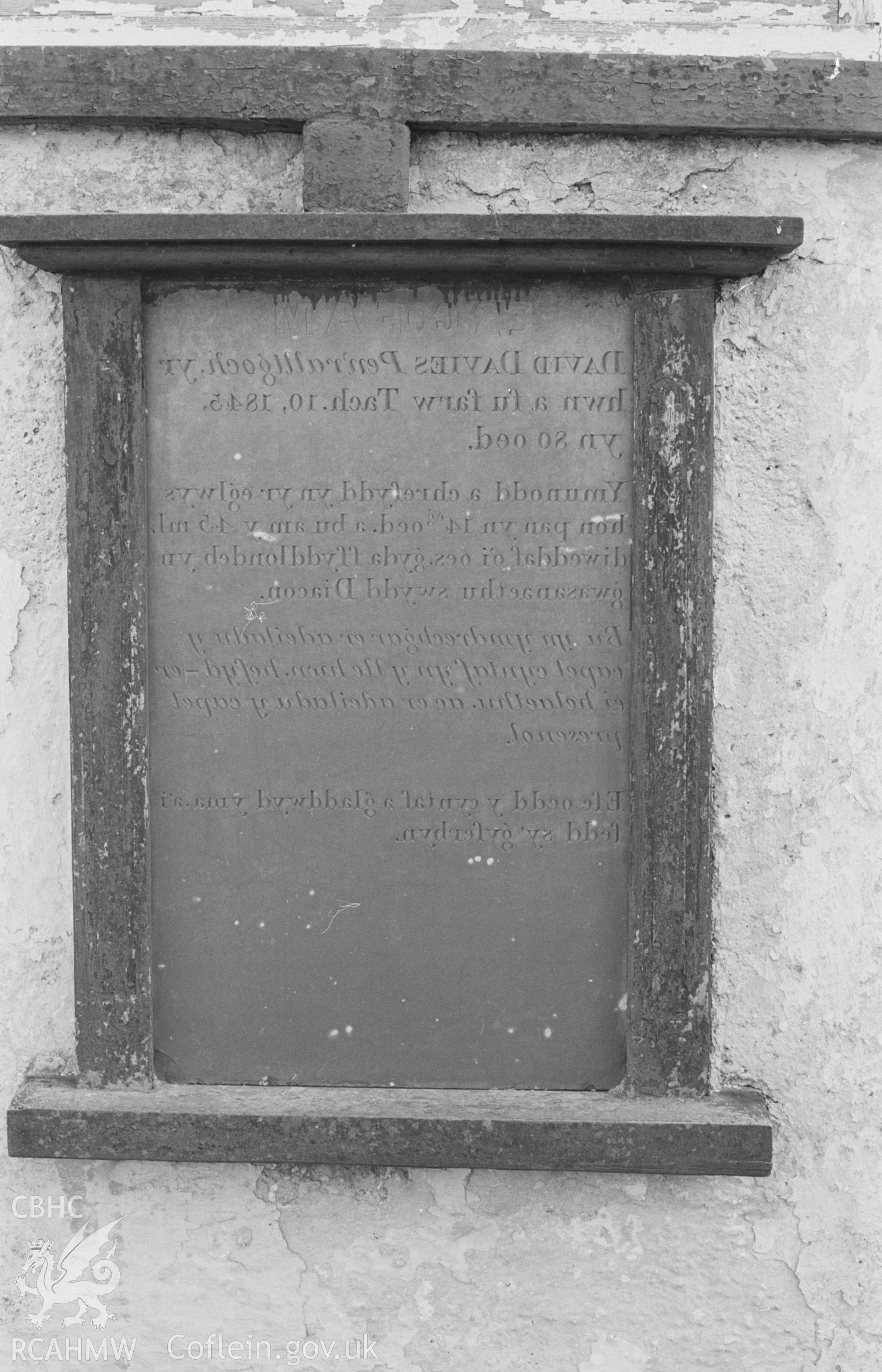 Digital copy of a black and white negative showing slate set on front wall below the window of Pensarn Welsh Calvinistic Methodist chapel, Hafod Iwan, Caerwedros. Photographed by Arthur O. Chater in April 1968, from Grid Reference SN 381 548.