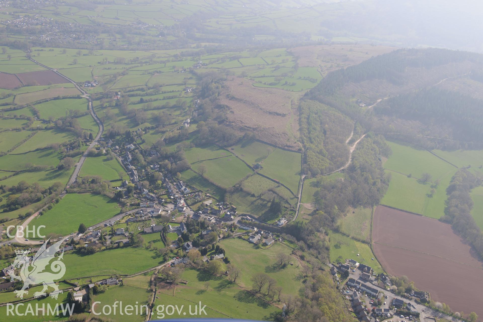 Bwlch including views of Penuel Chapel and Bwlch Standing Stone. Oblique aerial photograph taken during the Royal Commission's programme of archaeological aerial reconnaissance by Toby Driver on 21st April 2015