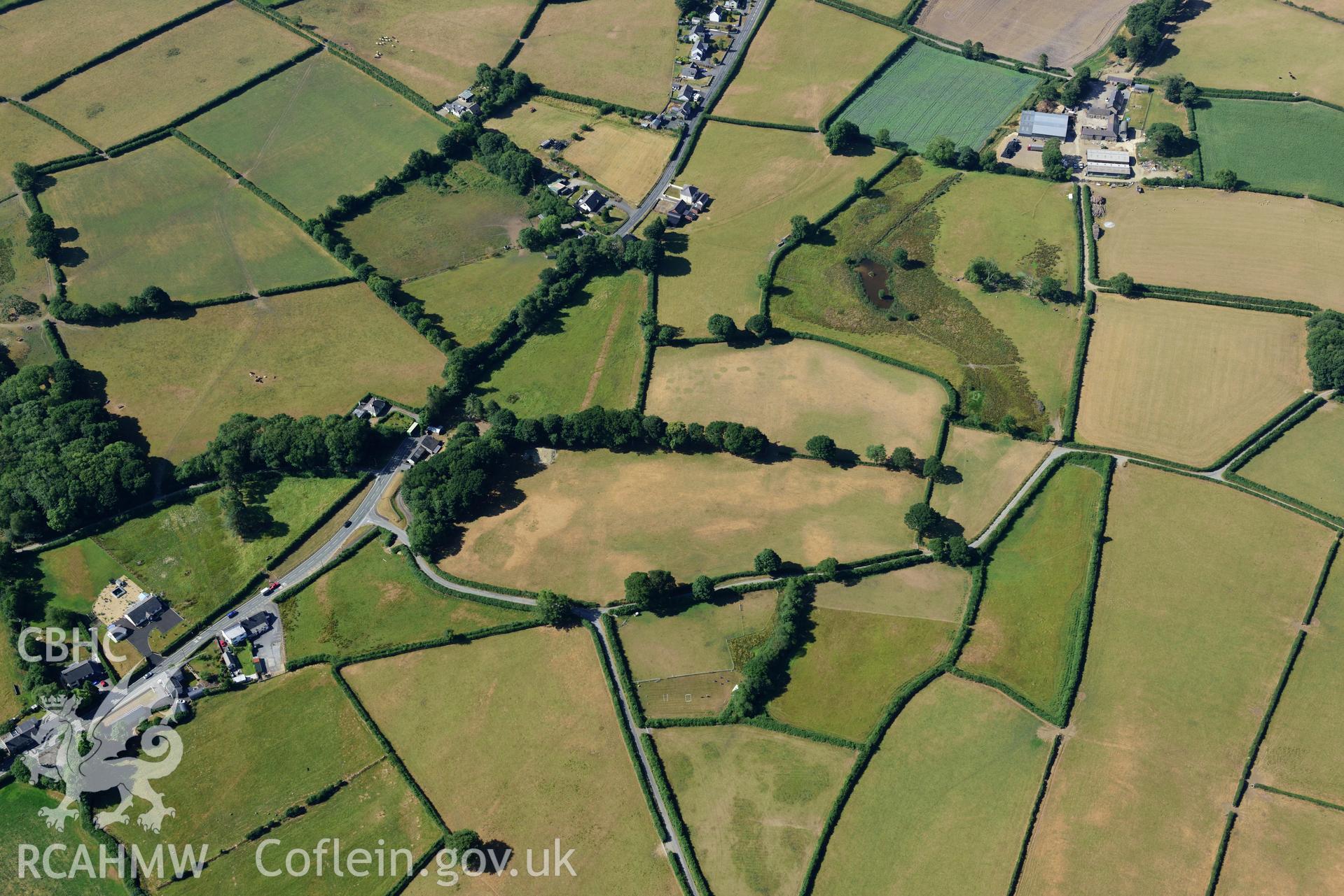 Royal Commission aerial photography of Roman road parchmarks at Aber-Giar or Ffynnon-drain taken on 19th July 2018 during the 2018 drought.