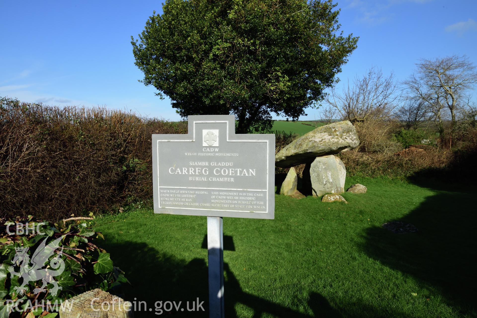 Royal Commission photo survey of Carreg Coetan chambered tomb in winter light, by Toby Driver