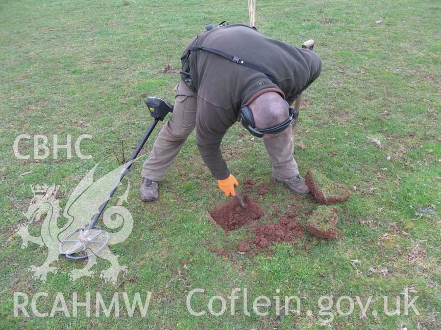 Digital colour photograph of excavations at Grosmont battlefield. From report no. 1049 - Grosmont battlefield, part of the Welsh Battlefield Metal Detector Survey, carried out by Archaeology Wales.