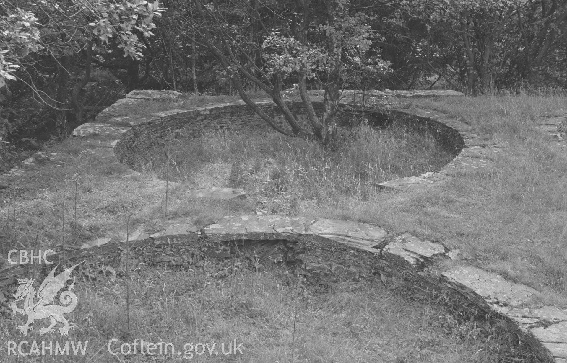 Digital copy of a black and white negative showing two of the circular pits in the dressing floors at Bryndyfi Lead Mine, Eglwysfach, Machynlleth. Photographed by Arthur O. Chater in August 1966 looking south from Grid Reference SN 683 934.