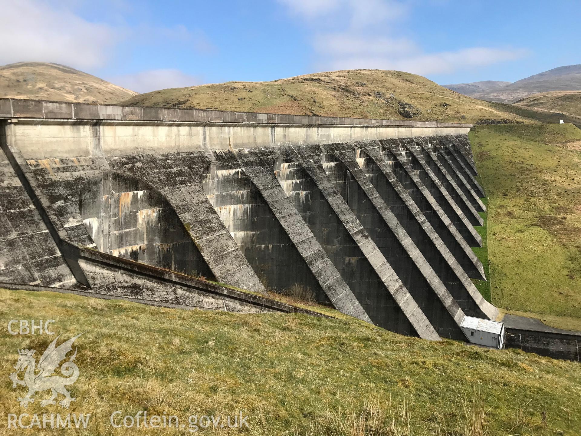 Digital colour photograph of Nant-y-Moch reservoir and dam, part of the Rheidol hydro-electric scheme north east of Aberystwyth, taken by Paul R. Davis on 29th March 2019.