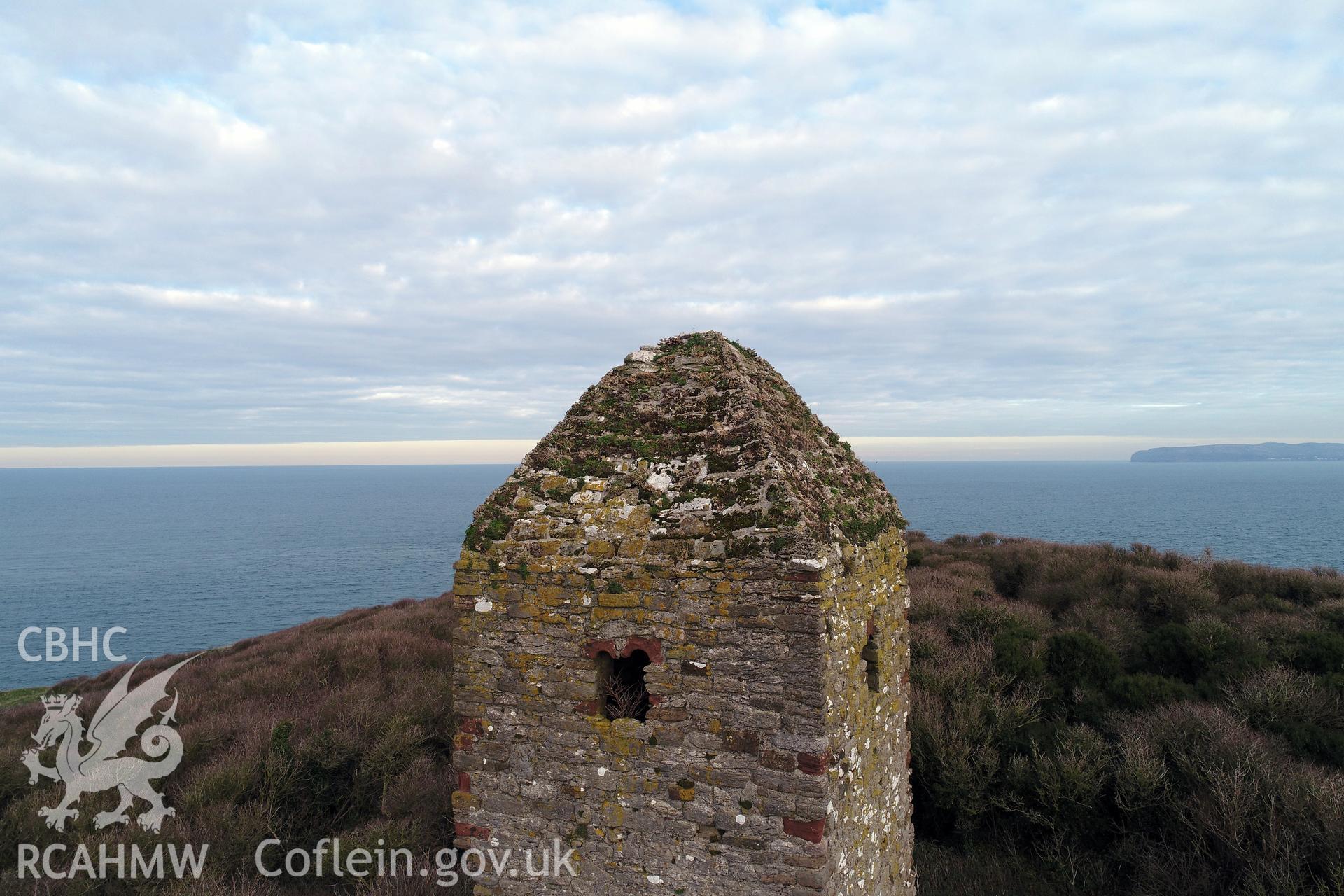 Investigator's drone/UAV survey of the church and monastic settlement on Puffin Island or Ynys Seiriol for the CHERISH Project. ? Crown: CHERISH PROJECT 2018. Produced with EU funds through the Ireland Wales Co-operation Programme 2014-2020. All material made freely available through the Open Government Licence.