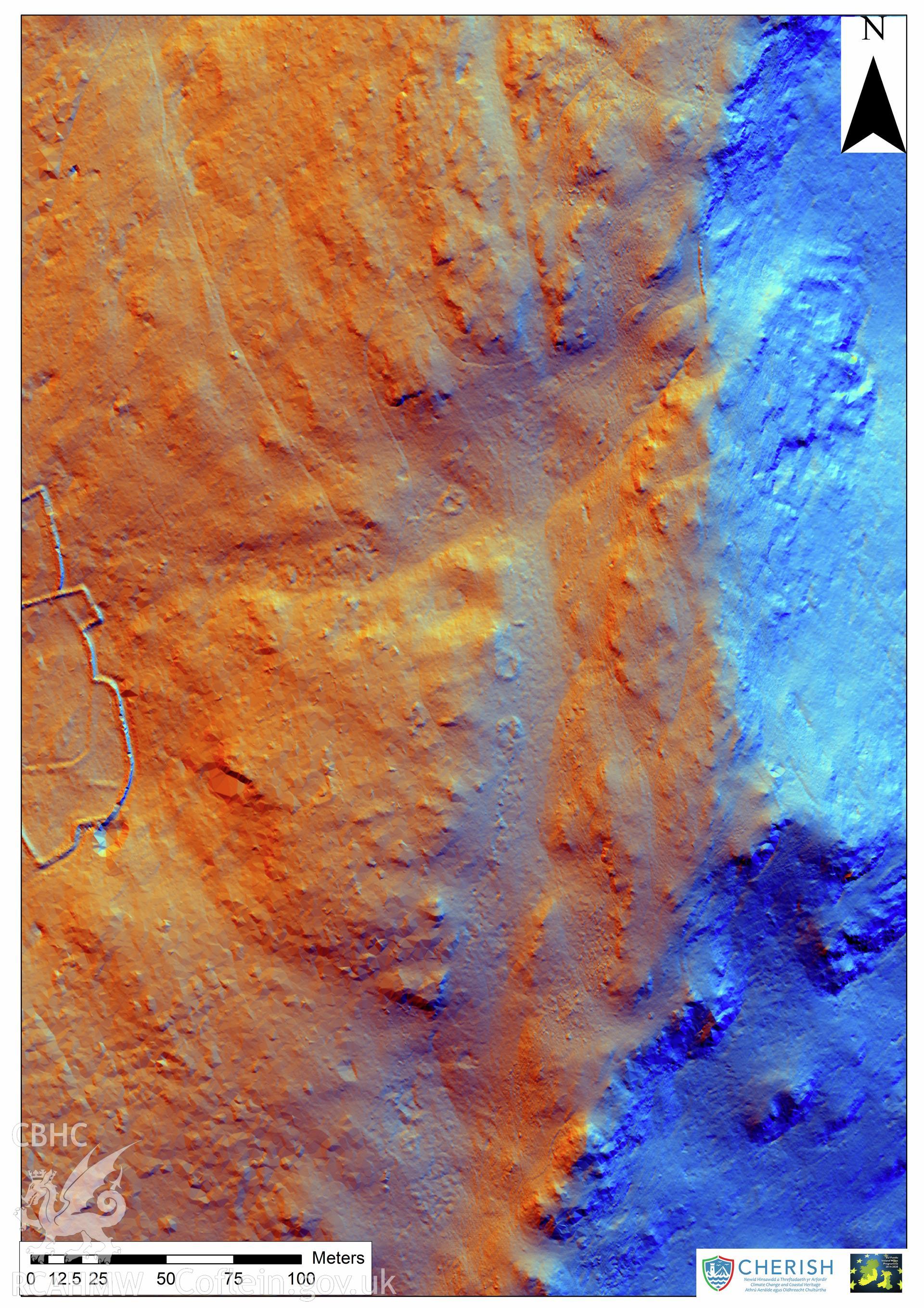 Ynys Enlli (Bardsey Island). Airborne laser scanning (LiDAR) commissioned by the CHERISH Project 2017-2021, flown by Bluesky International LTD at low tide on 24th February 2017. Digital Terrain Model (DTM) showing the central part of the island and Mynydd Enlli hut settlement, shown with multi hill shading.