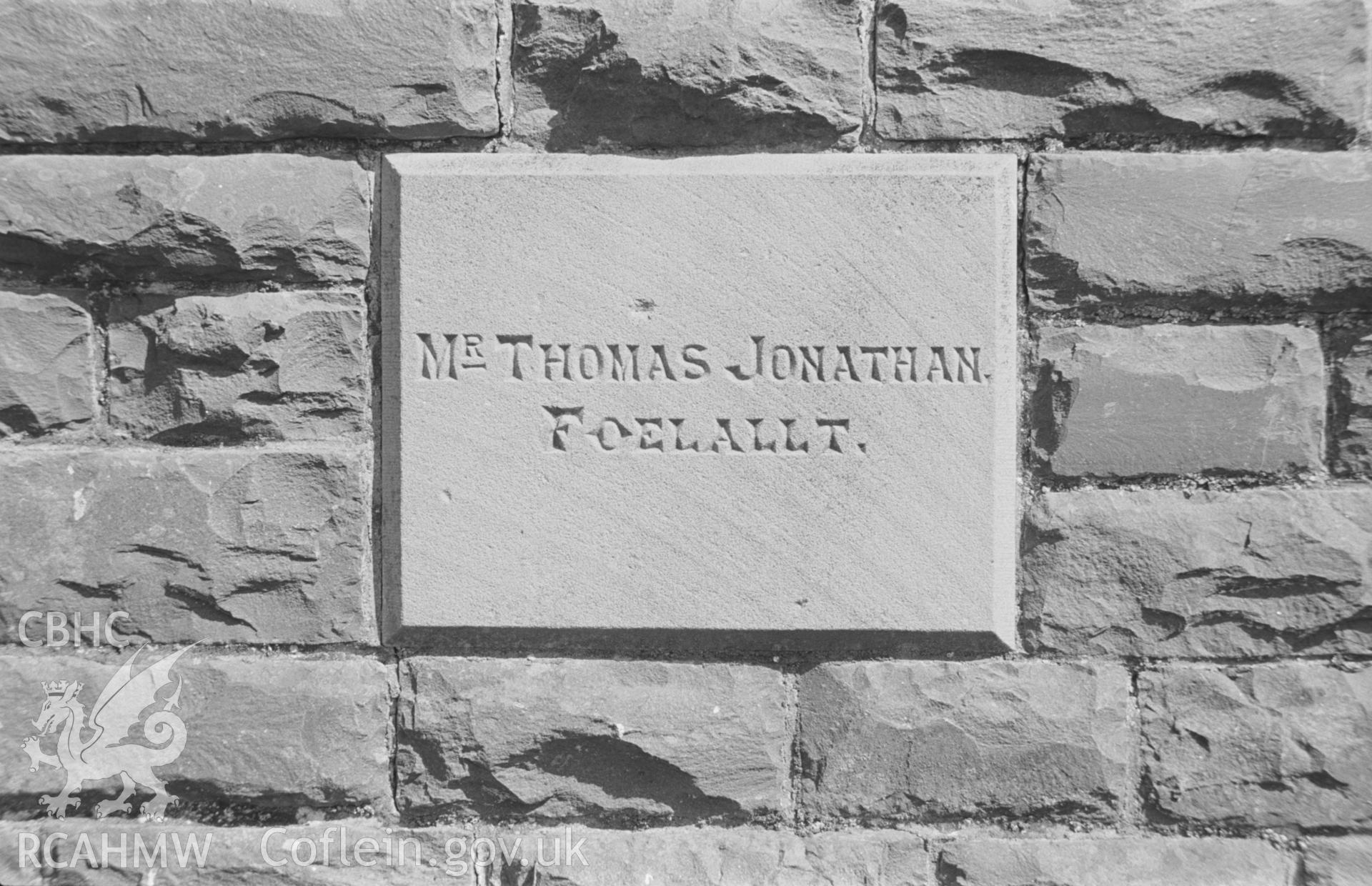 Digital copy of a black and white negative showing memorial stone to Mr Thomas Jonathan, Foelallt, at Ciliau Aeron Unitarian Chapel. Photographed by Arthur O. Chater in August 1967.