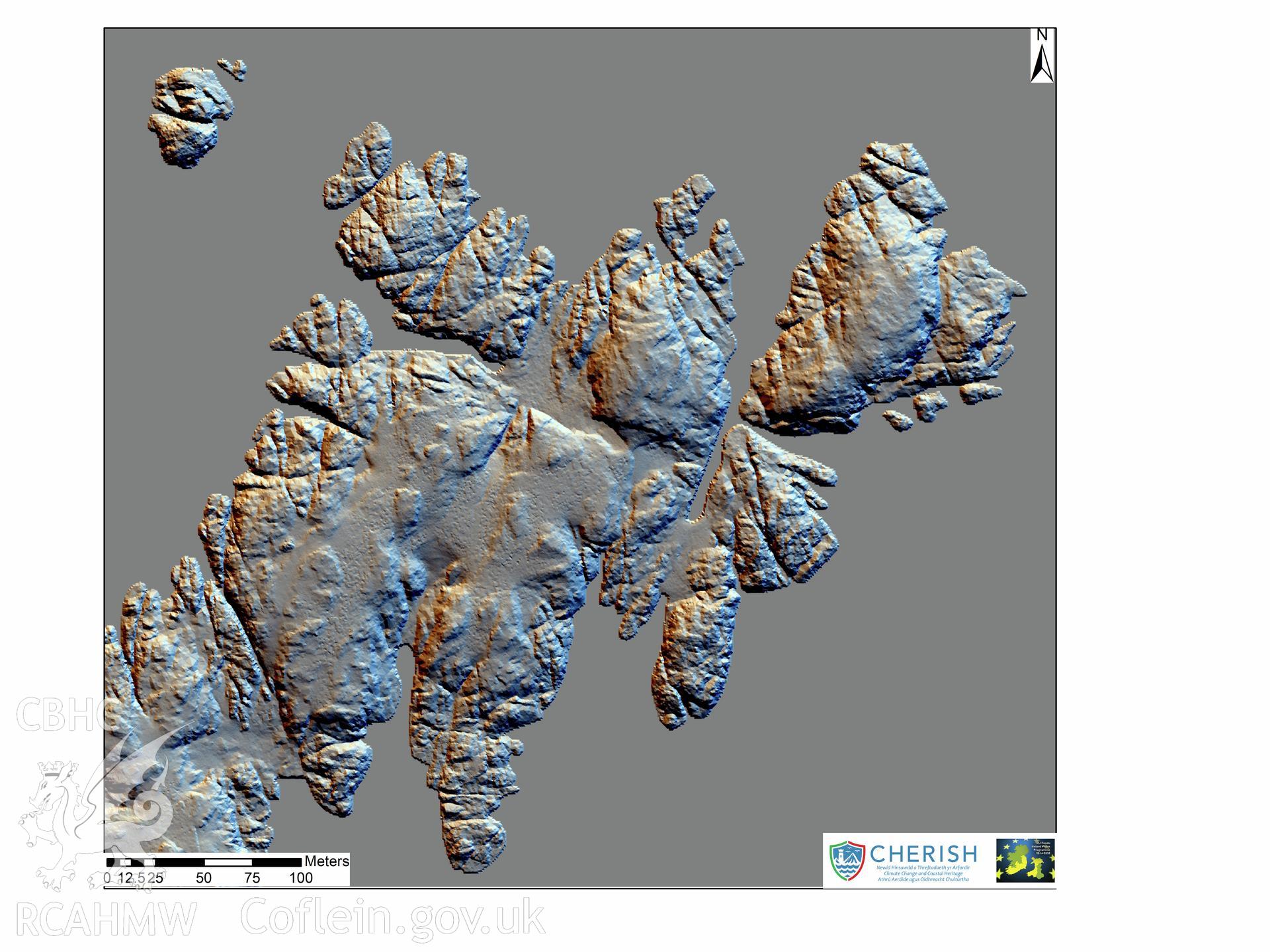 Ynysoedd y Moelrhoniaid (The Skerries Islet). Airborne laser scanning (LiDAR) commissioned by the CHERISH Project 2017-2021, flown by Bluesky International LTD at low tide on the 24th of February 2017. Northern view showing the bridge over the chasm and the beacons. This LiDAR reading shows a digital terrain model (DTM) with multi hill shading.