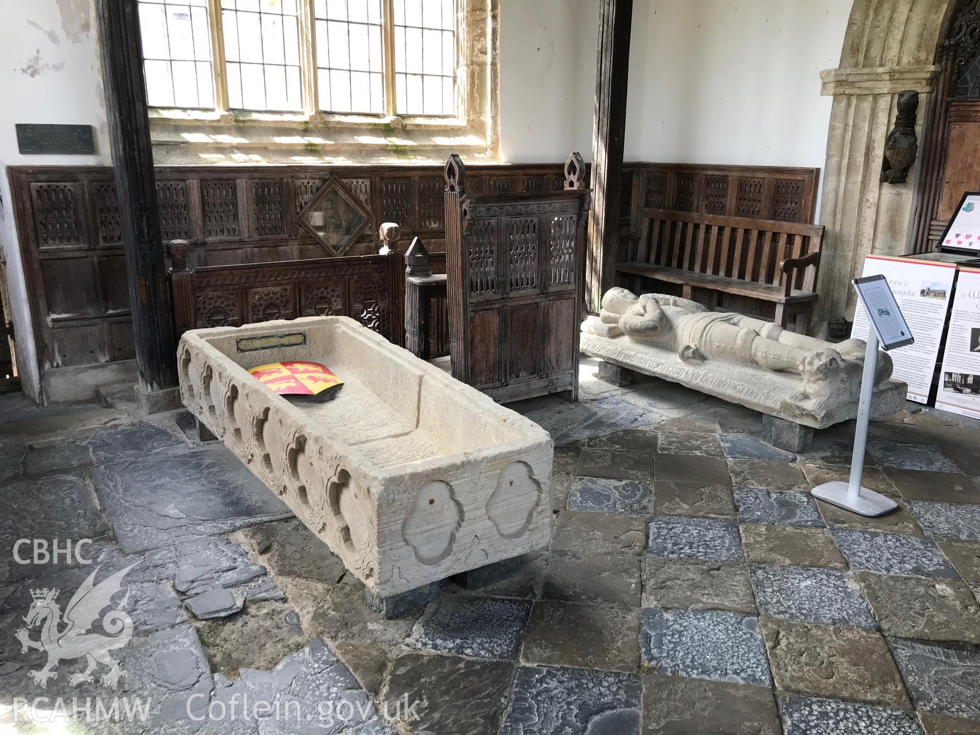 Colour photo showing carved stone figure and the interior of St. Grwst's Church, Llanrwst, taken by Paul R. Davis, 23rd June 2018.