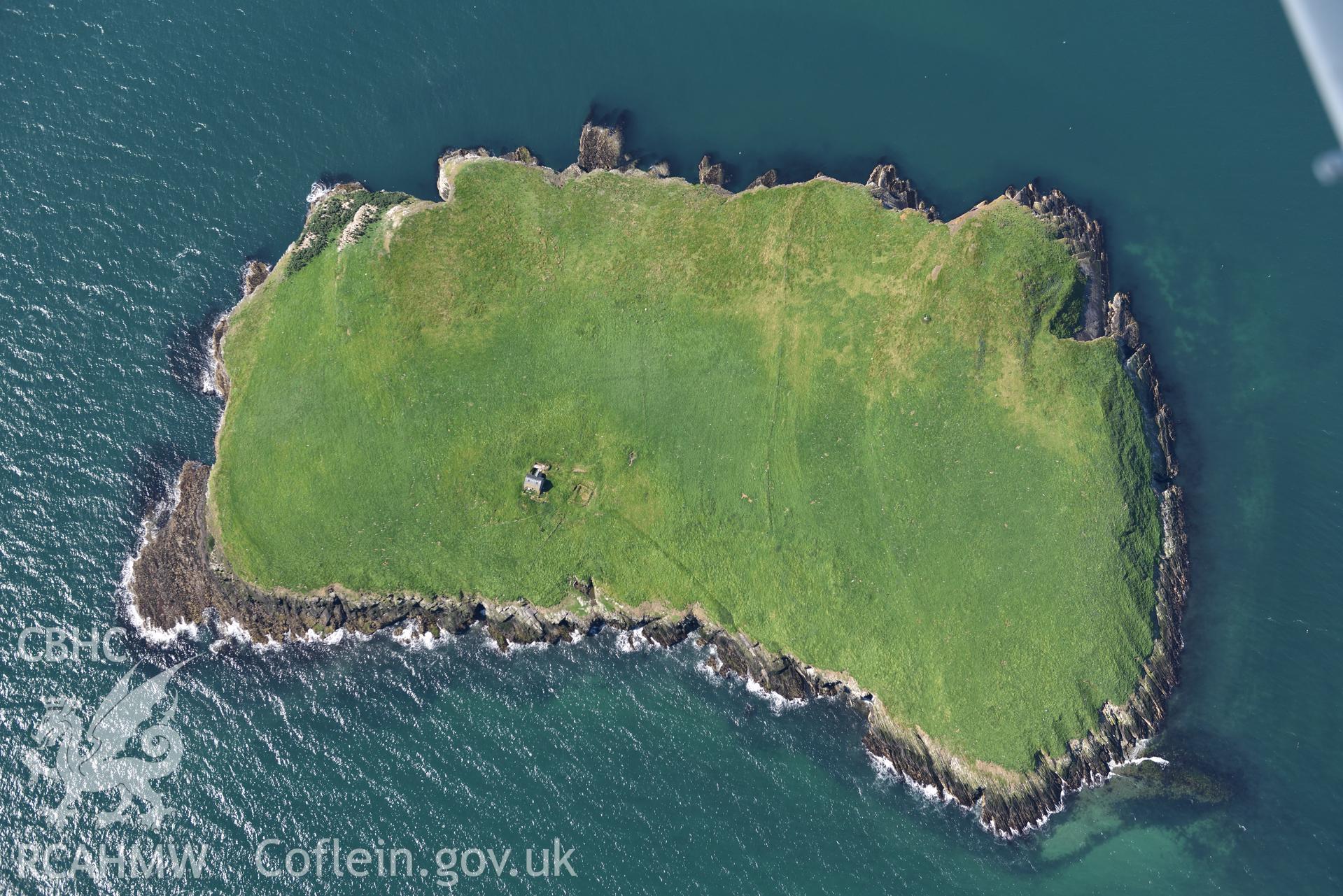 Aerial photography of St Tudwal's Island East taken on 3rd May 2017.  Baseline aerial reconnaissance survey for the CHERISH Project. ? Crown: CHERISH PROJECT 2017. Produced with EU funds through the Ireland Wales Co-operation Programme 2014-2020. All material made freely available through the Open Government Licence.