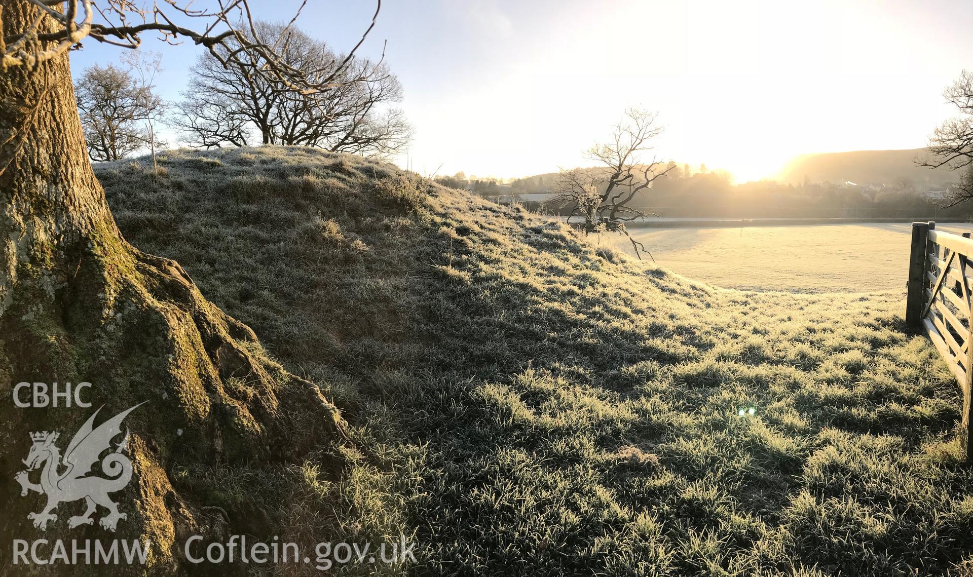 View of Llysun motte and bailey castle, Llanerfyl. Colour photograph taken by Paul R. Davis on 2nd January 2019.