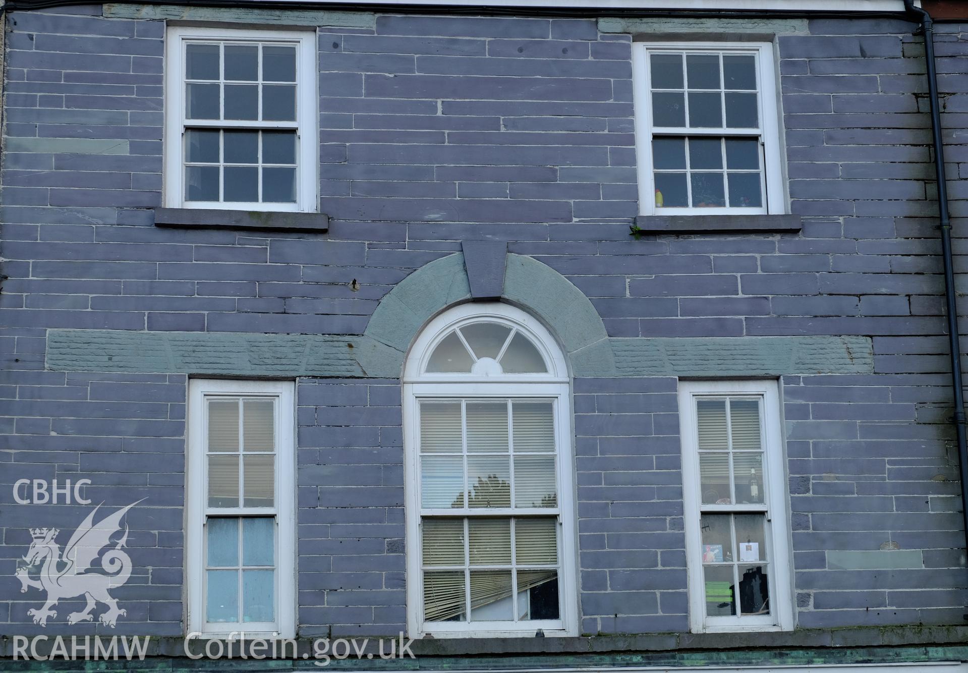 Colour photograph showing view of the fa?ade at first and second floor levels of 2 Ogwen Terrace, Bethesda, produced by Richard Hayman 2nd February 2017