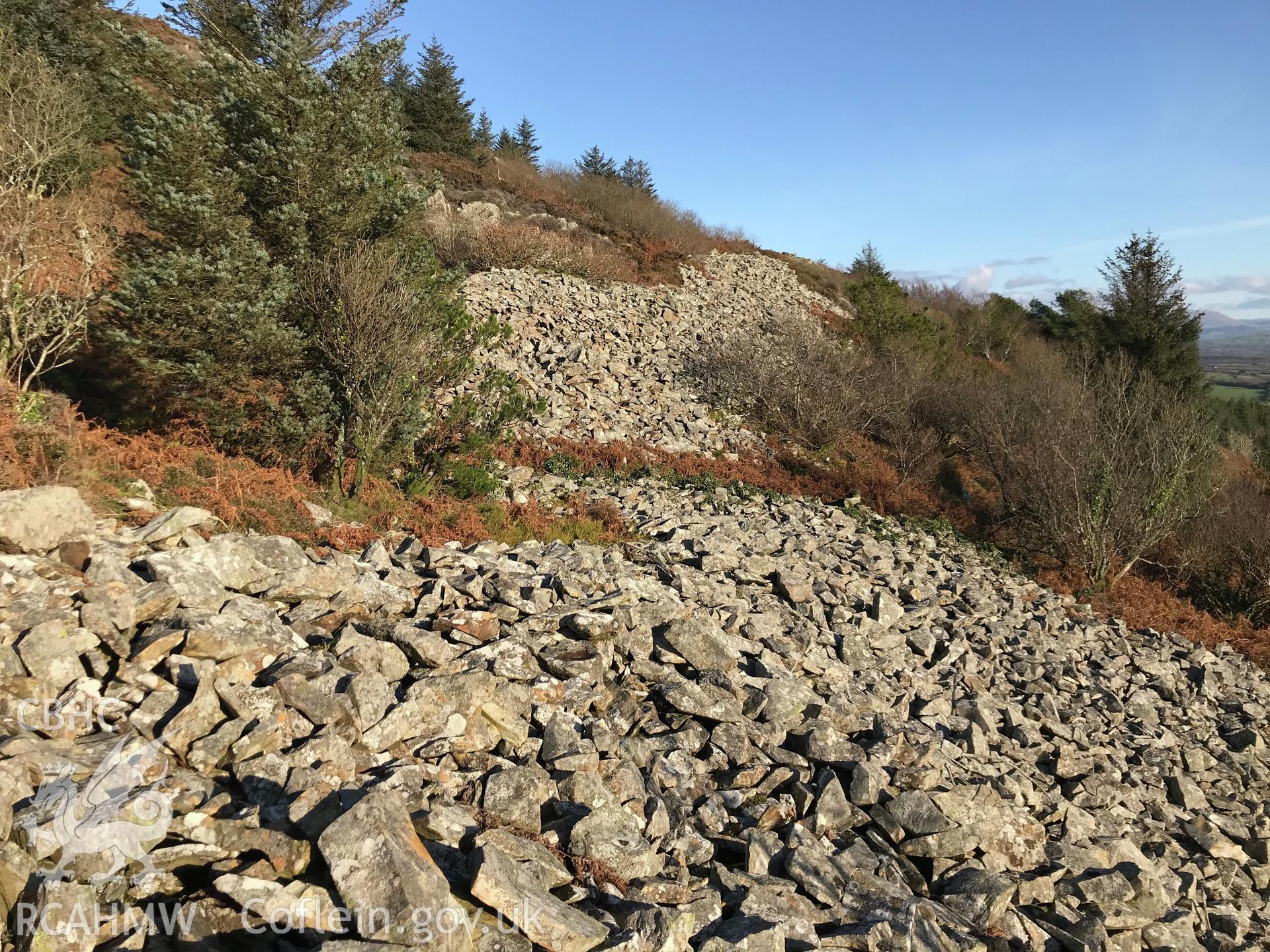 Digital colour photograph showing the southern rampart of Garn Boduan hillfort, Buan, near Morfa Nefyn, taken by Paul Davis on 3rd December 2019.