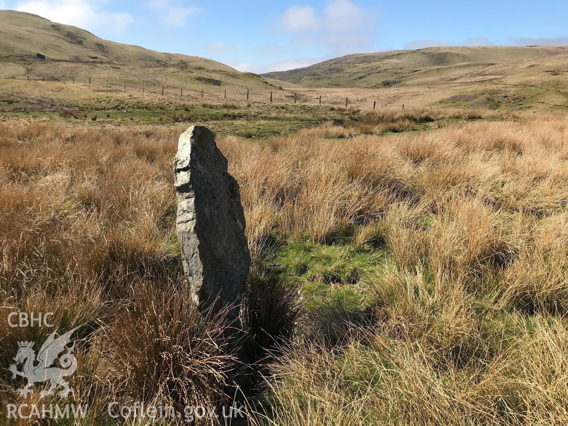 Digital colour photograph of standing stone at Esgair Hir Mine, south of Banc Bwlchygarreg, east of Tal-y-bont, Aberystwyth, taken by Paul R. Davis on 29th March 2019.