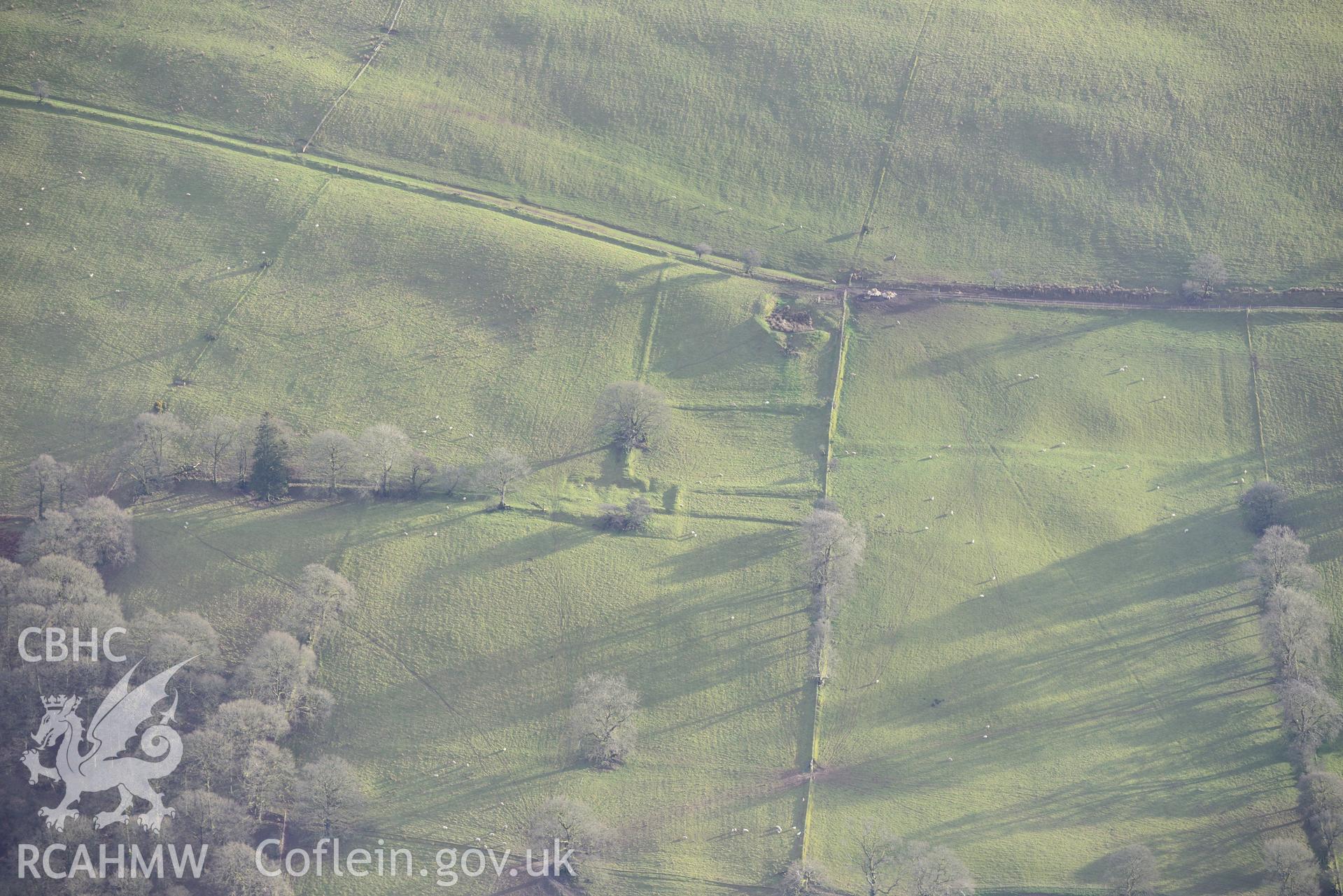 Allt-y-Brunant Roman Water Tank. Oblique aerial photograph taken during the Royal Commission's programme of archaeological aerial reconnaissance by Toby Driver on 6th January 2015.