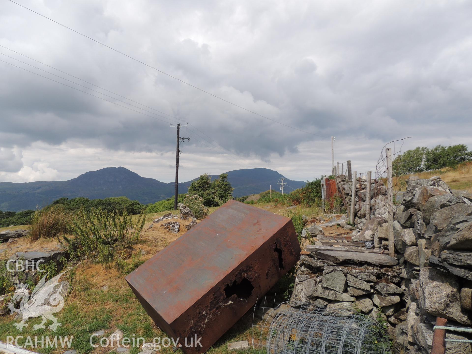 'View north towards proposed development from Parc.' Photographed as part of desk based assessment and heritage impact assessment of a hydro scheme on the Afon Croesor, Brondanw Estate, Gwynedd. Produced by Archaeology Wales for Renewables First Ltd. 2018.