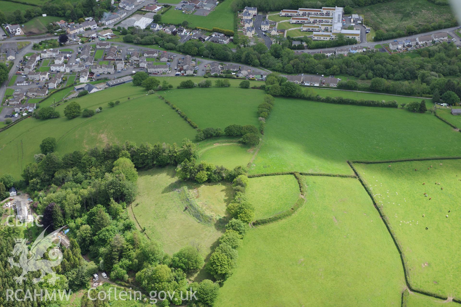 Pen-y-Gaer Hillfort, Llanybydder. Oblique aerial photograph taken during the Royal Commission's programme of archaeological aerial reconnaissance by Toby Driver on 3rd June 2015.