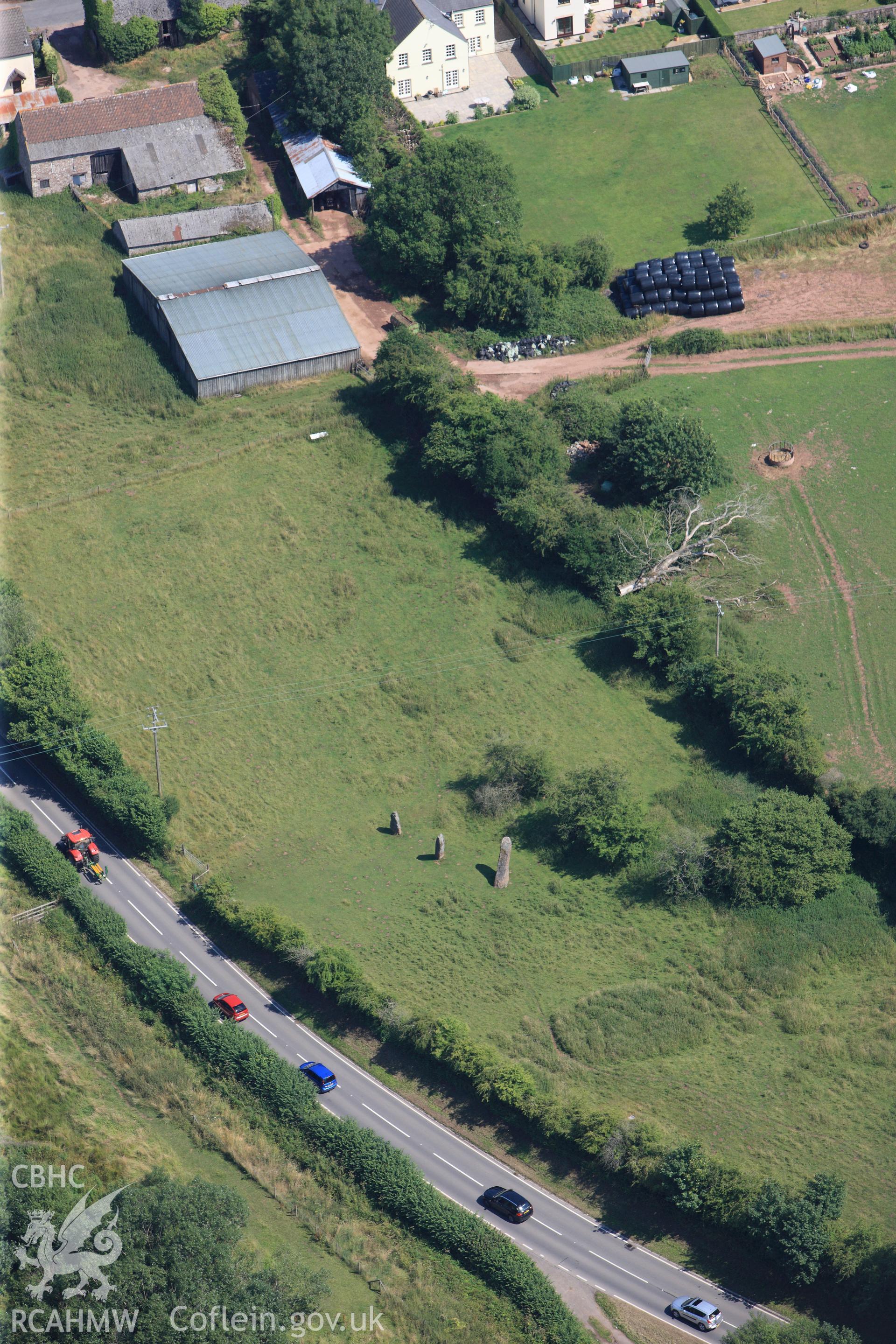 Harold's Stones, Trellech, south of Monmouth. Oblique aerial photograph taken during the Royal Commission?s programme of archaeological aerial reconnaissance by Toby Driver on 1st August 2013.