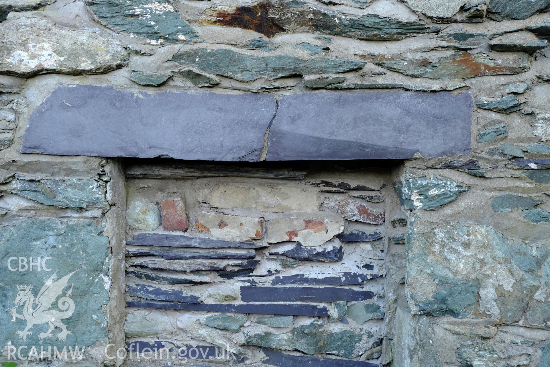 Colour photograph showing slate lintel to abandoned house on John Street, Bethesda, produced by Richard Hayman 2nd February 2017