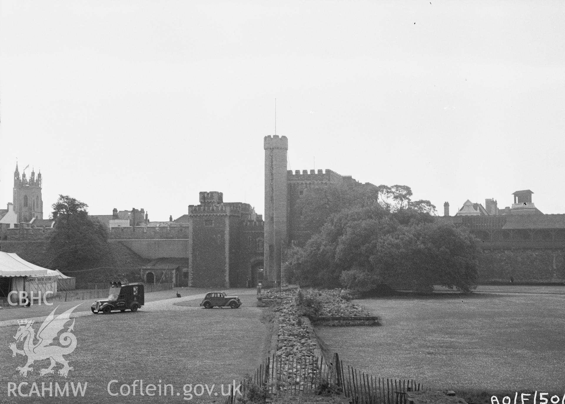 Digital copy of a nitrate negative showing a view of Cardiff Castle, taken by Ordnance Survey.