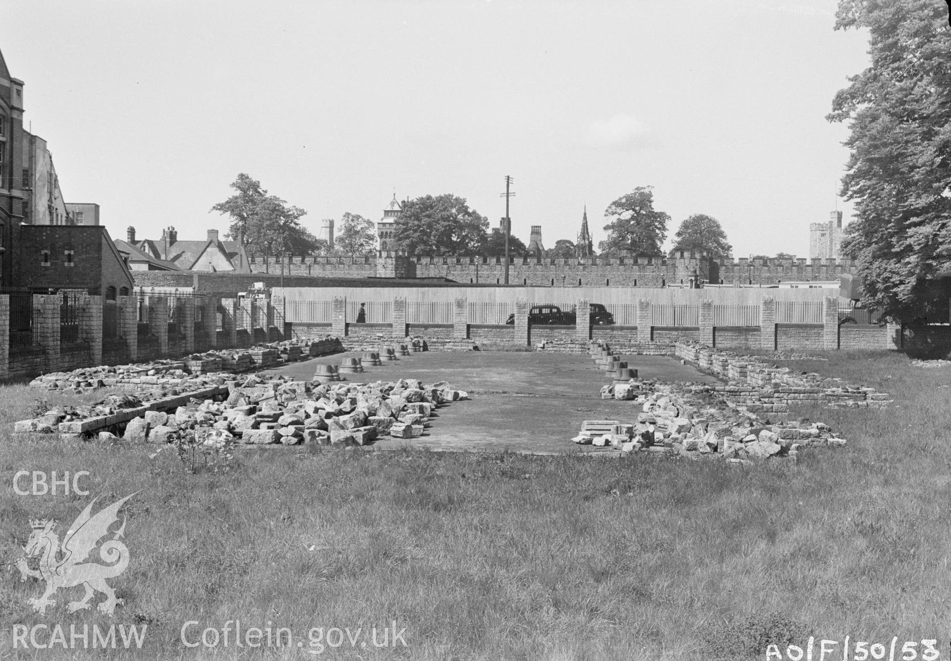 Digital copy of a nitrate negative showing a view of Cardiff Castle, taken by Ordnance Survey.