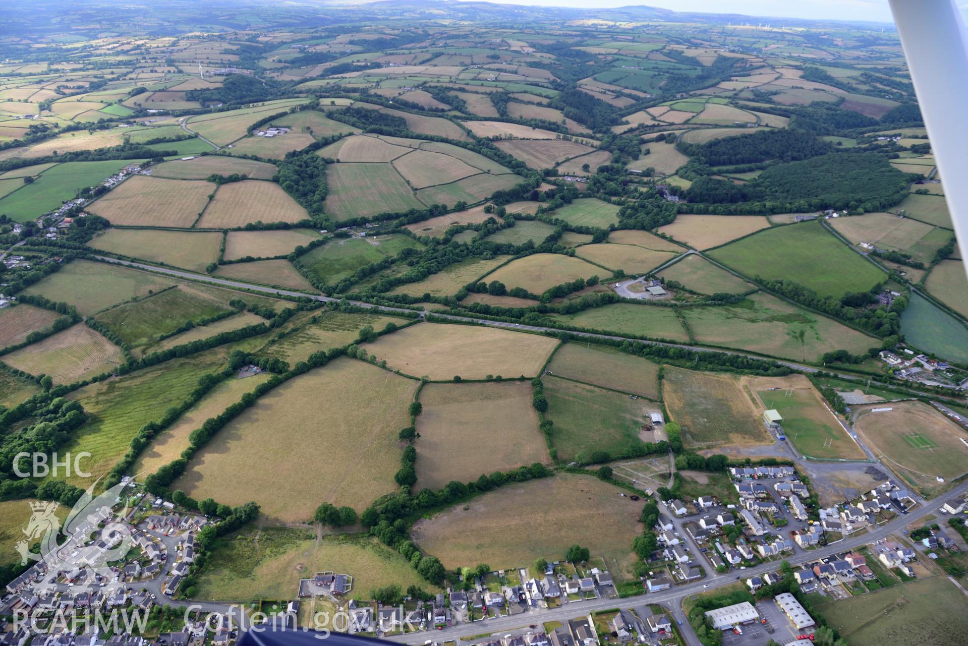 Royal Commission aerial photography of the Roman road north of Whitland taken on 17th July 2018 during the 2018 drought.