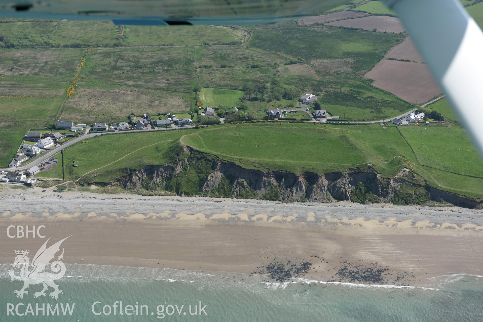 Aerial photography of Dinas Dinlle taken on 3rd May 2017.  Baseline aerial reconnaissance survey for the CHERISH Project. ? Crown: CHERISH PROJECT 2017. Produced with EU funds through the Ireland Wales Co-operation Programme 2014-2020. All material made