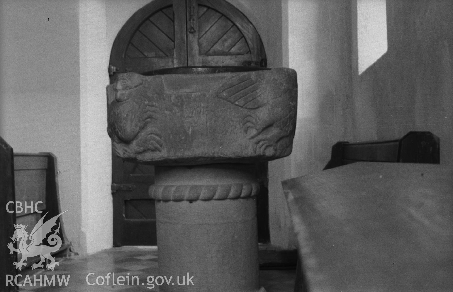 Digital copy of a black and white negative showing Norman font at St Mary's Church, Maestir, Lampter. Photographed in April 1963 by Arthur O. Chater from Grid Reference SN 5537 4932.